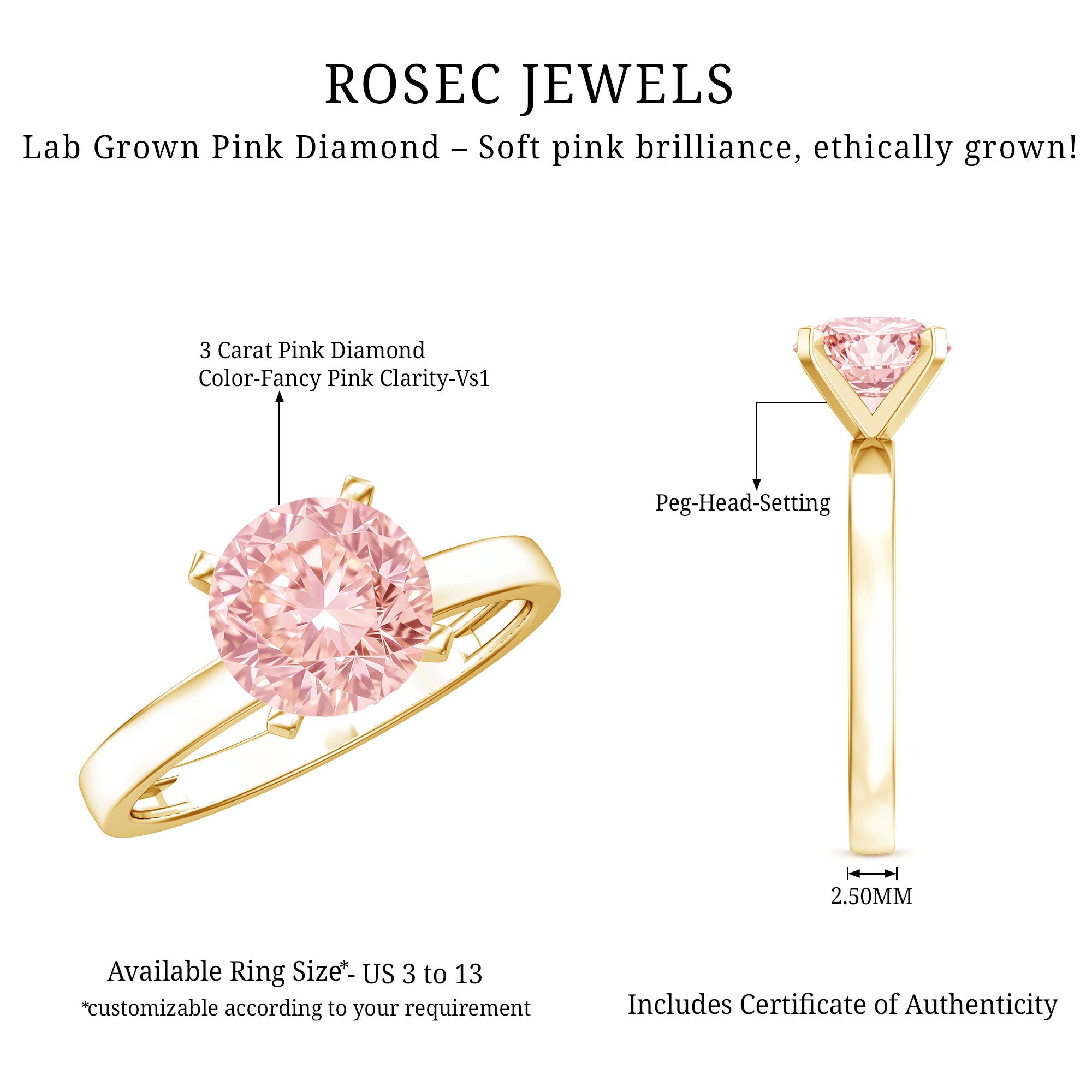 Lab Grown Pink Diamond 3 Carat Solitaire Engagement Ring with IGI Certificate Fancy Pink - VS1 - Rosec Jewels