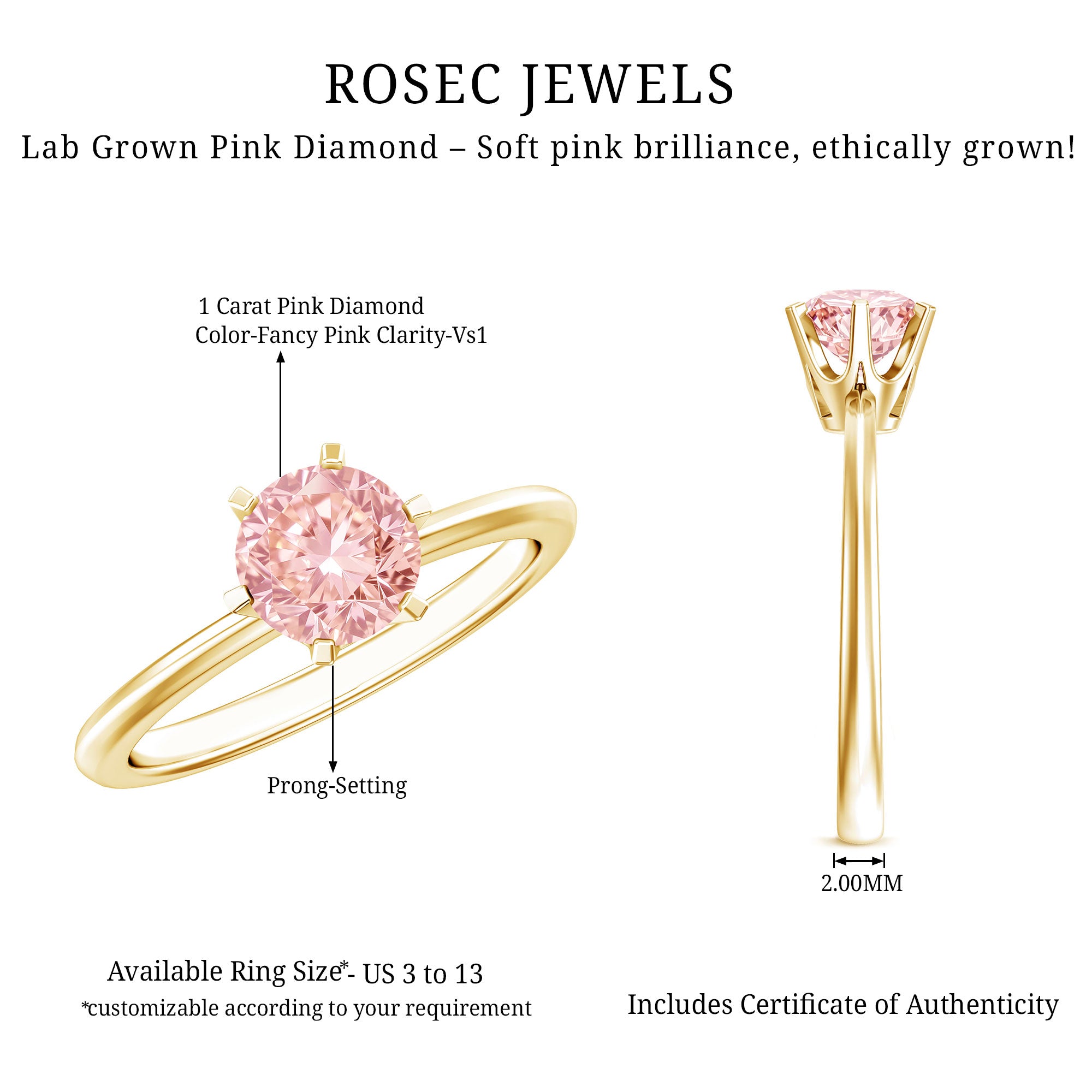Round Brilliant Cut Lab Grown Pink Diamond 1 Carat Solitaire Ring with IGI Certificate Fancy Pink - VS1 - Rosec Jewels