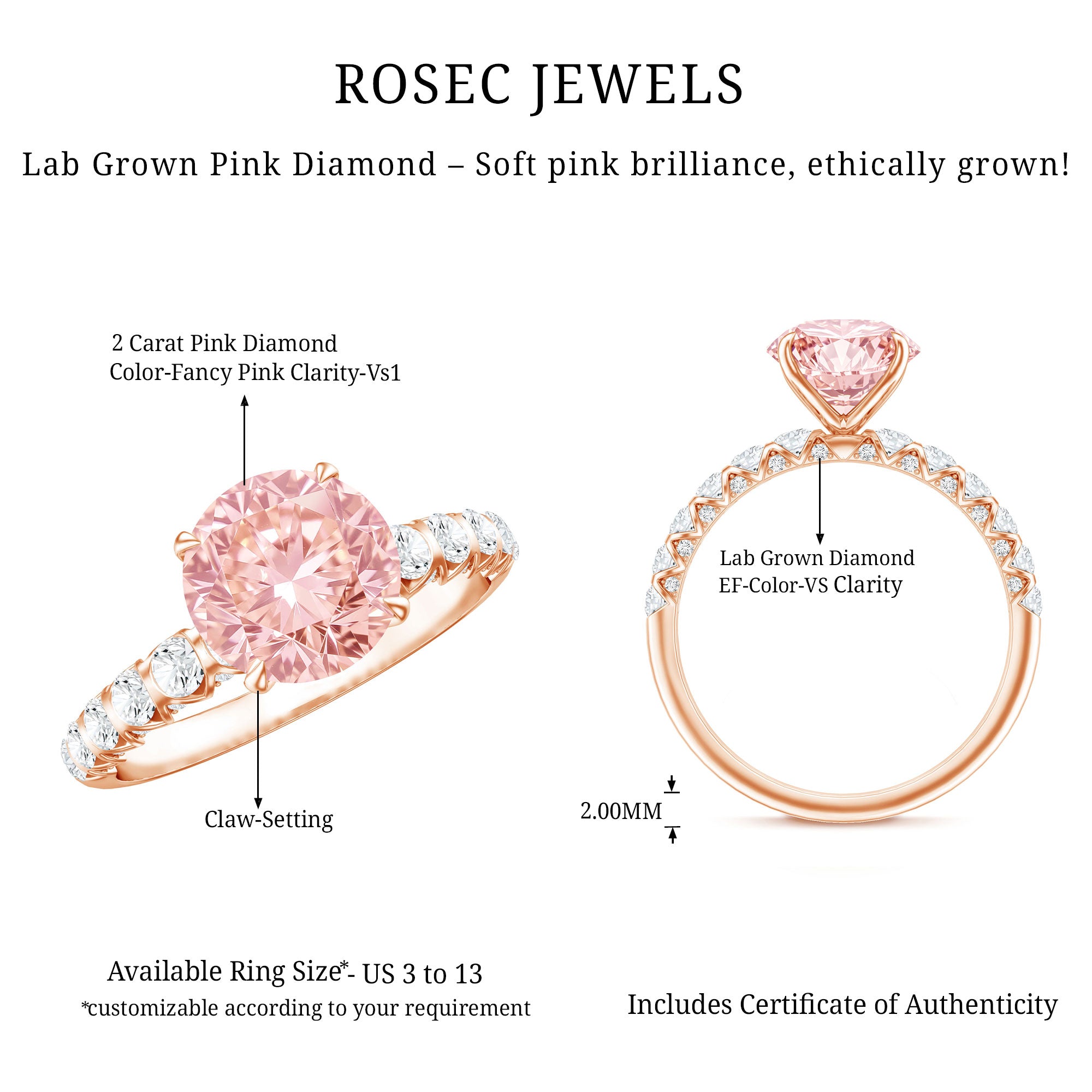 2 Carat IGI Certified Lab Grown Pink and White Diamond Engagement Ring with Side Stones Fancy Pink - VS1 - Rosec Jewels