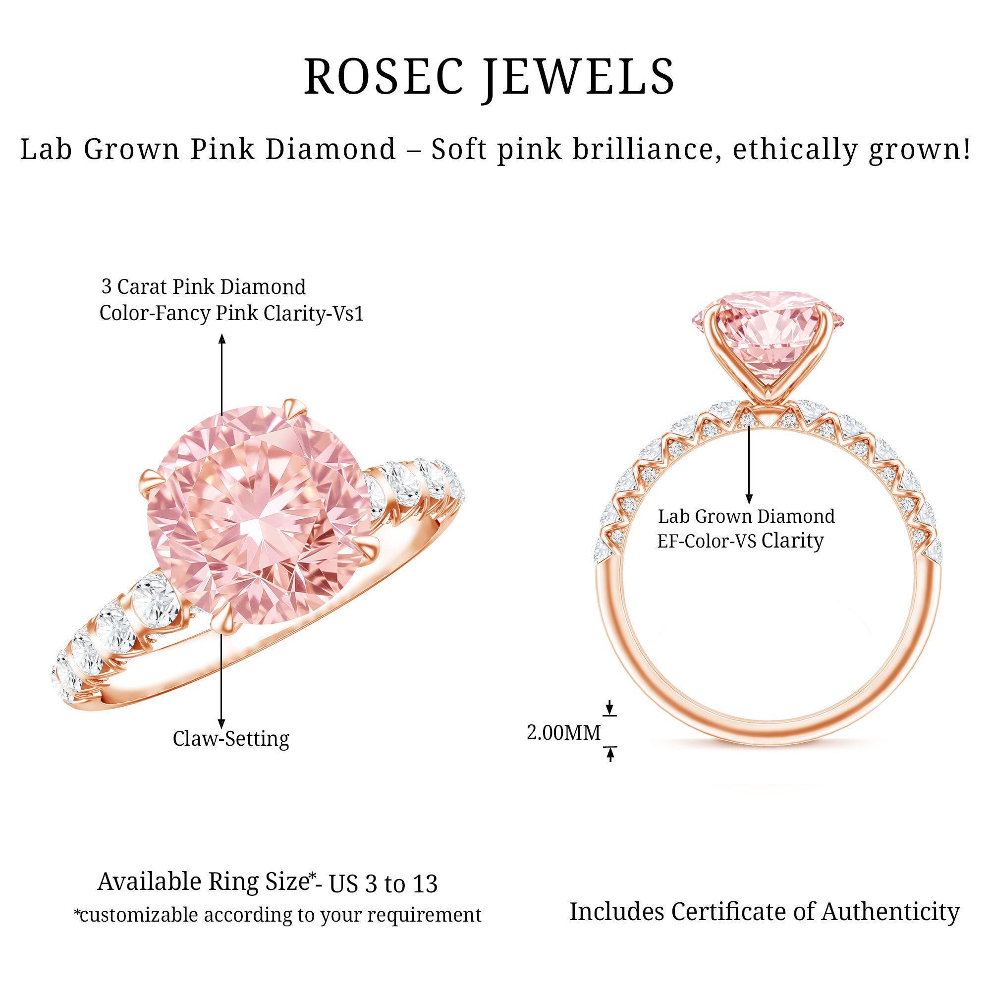 Round 3 Carat Lab Pink Diamond Side Stone Engagement Ring with IGI Certificate Fancy Pink - VS1 - Rosec Jewels