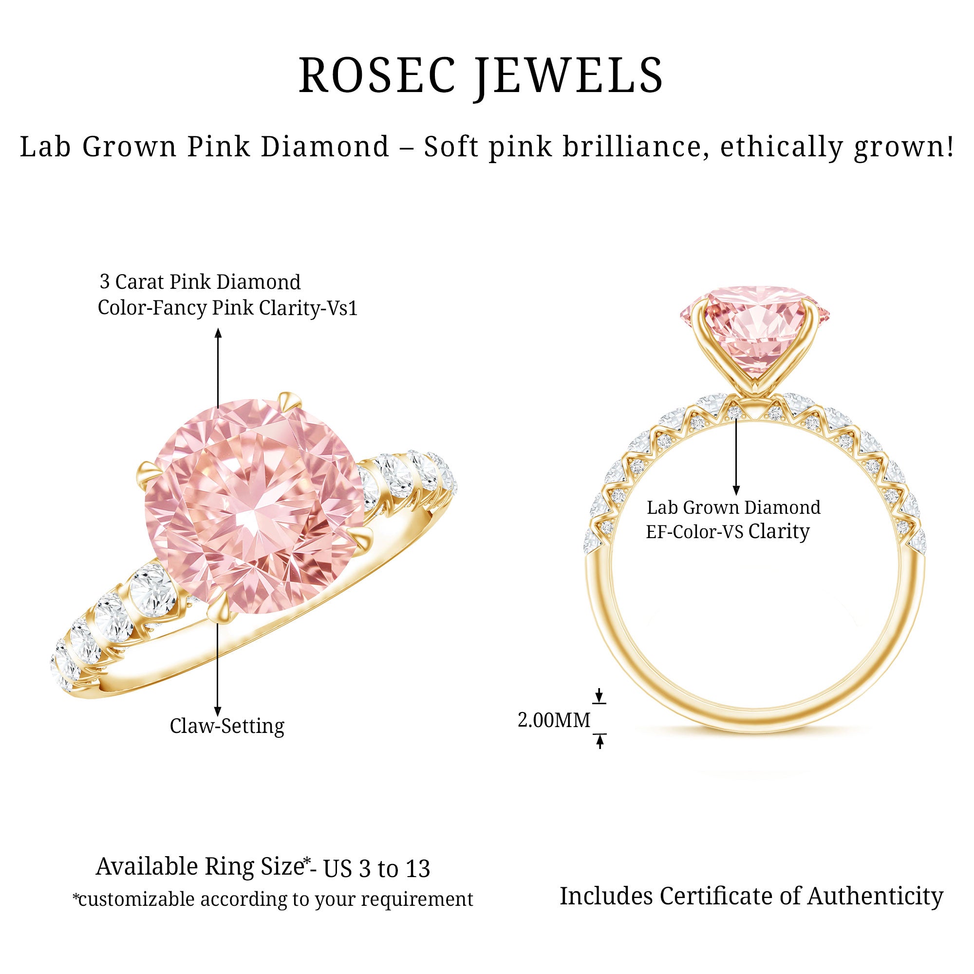 Round 3 Carat Lab Pink Diamond Side Stone Engagement Ring with IGI Certificate Fancy Pink - VS1 - Rosec Jewels