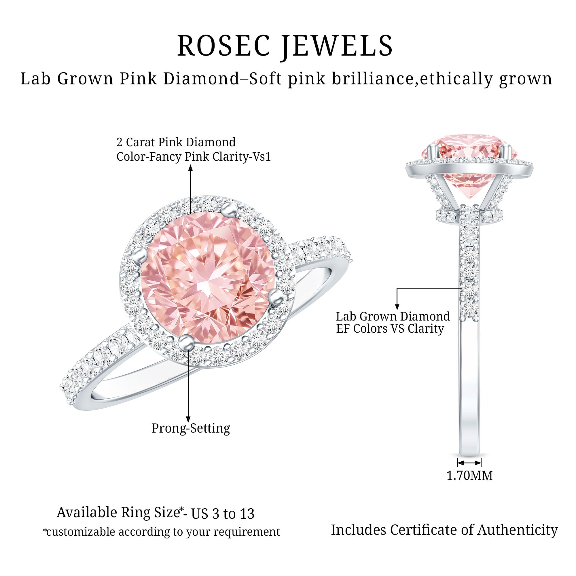 Rosec Jewels-2 Carat Lab Grown Pink Diamond Halo Engagement Ring with IGI Certificate