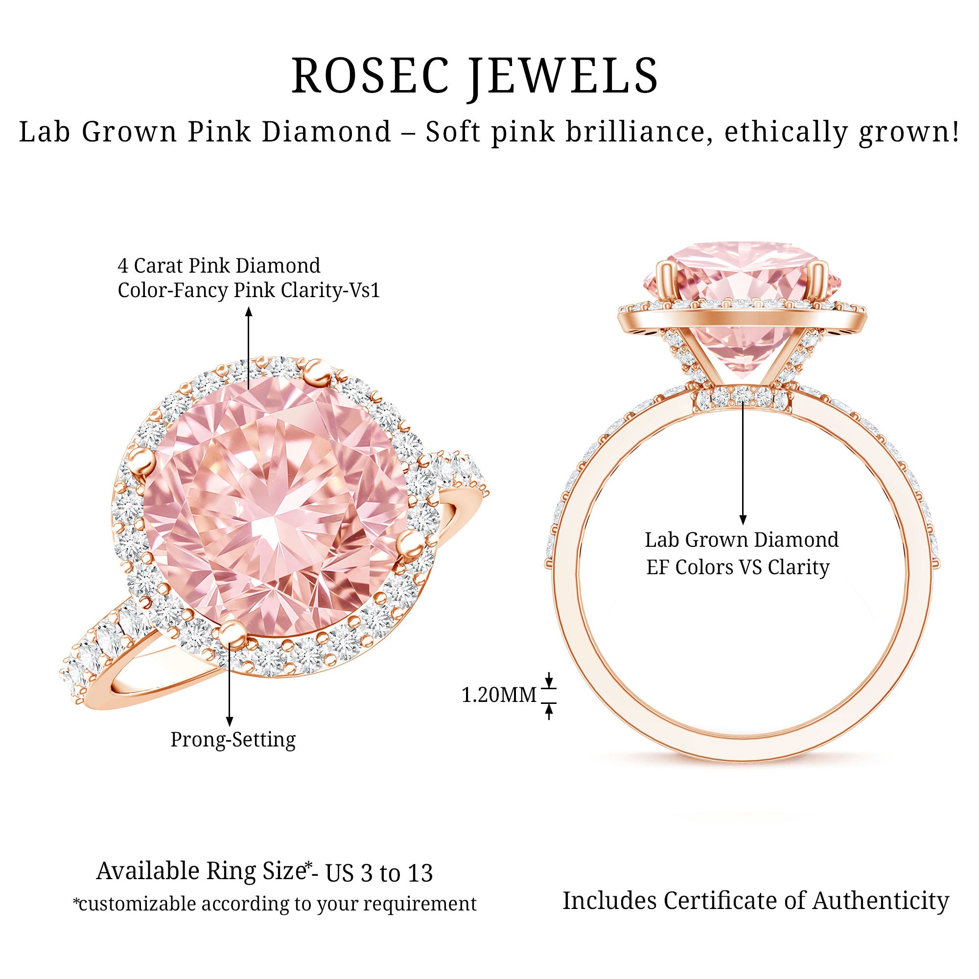 Rosec Jewels-IGI Certified 4 Carat Round Lab Grown Pink Diamond Circle Engagement Ring