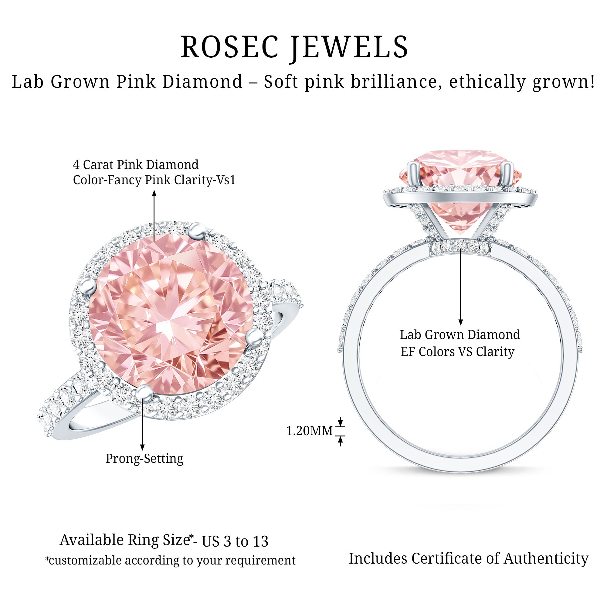 Rosec Jewels-IGI Certified 4 Carat Round Lab Grown Pink Diamond Circle Engagement Ring