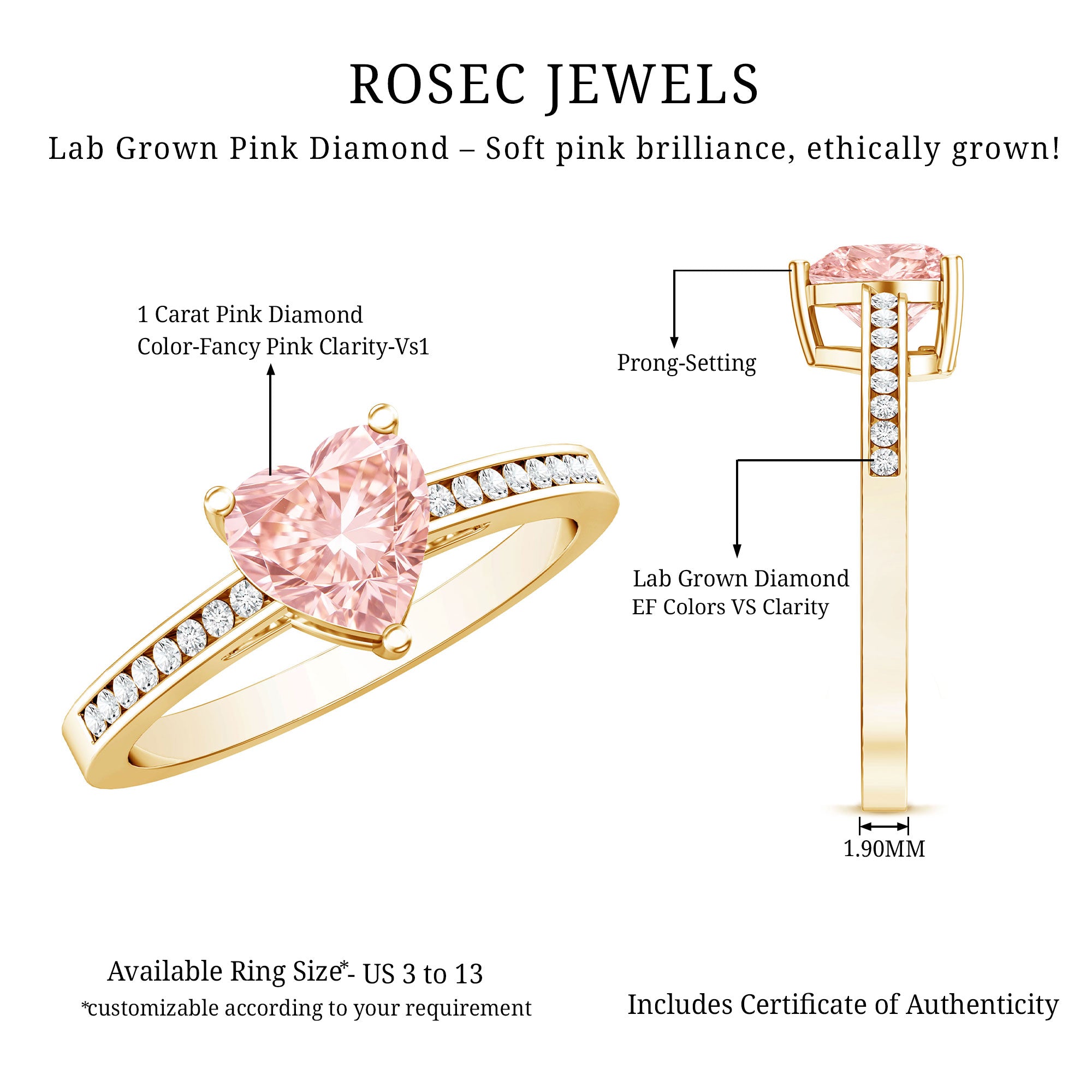 IGI Certified Heart Shape Lab Grown Pink Diamond Engagement Ring 1 Carat Fancy Pink - VS1 - Rosec Jewels