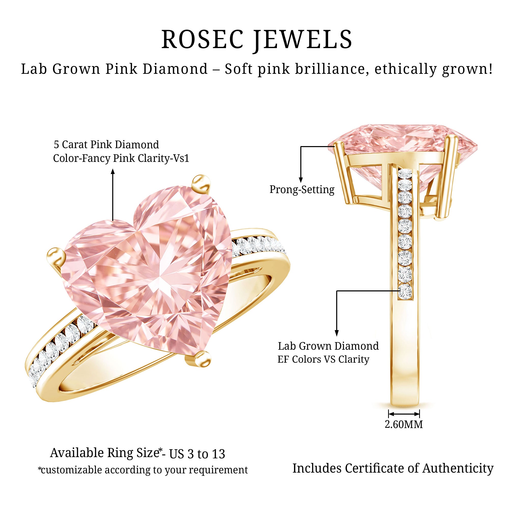 IGI Certified 5 Carat Lab Grown Pink Diamond Heart Solitaire Engagement Ring Fancy Pink - VS1 - Rosec Jewels