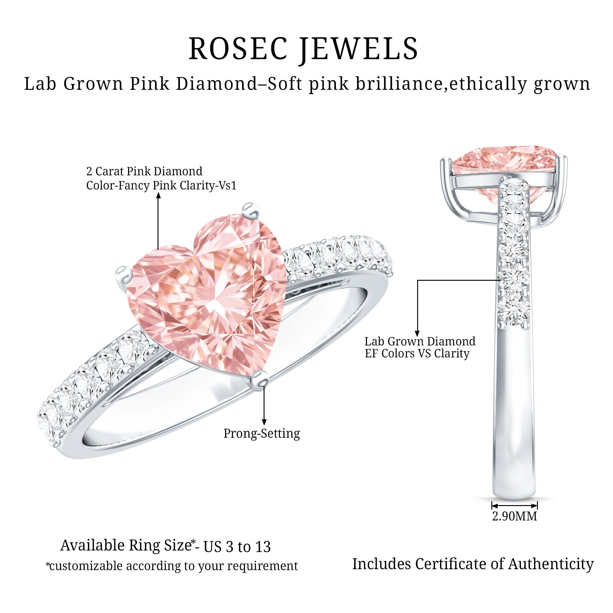 Lab Grown 2 Carat Pink Diamond Heart Engagement Ring with IGI Certificate Fancy Pink - VS1 - Rosec Jewels