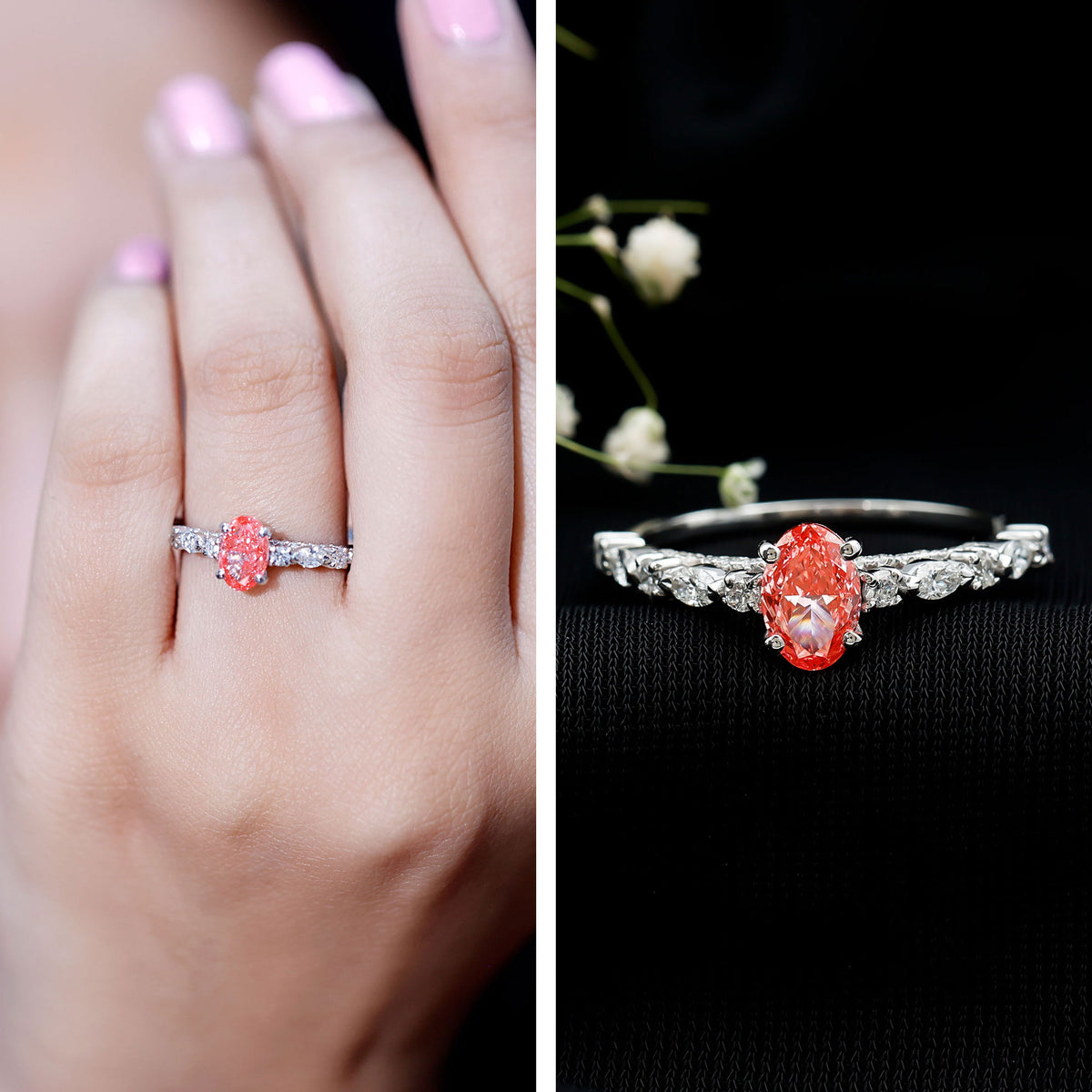 1 Carat Oval Lab Grown Pink Diamond Engagement Ring IGI Certified Fancy Pink - VS1 - Rosec Jewels