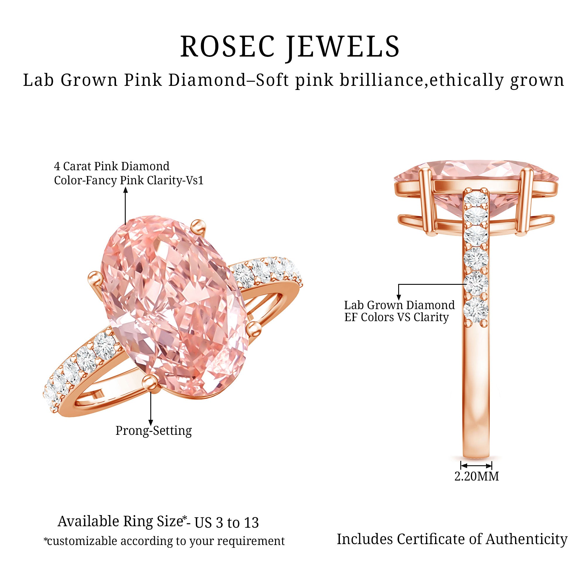 Elongated Oval Lab Grown Pink Diamond 4 Carat Engagement Ring IGI Certified Fancy Pink - VS1 - Rosec Jewels