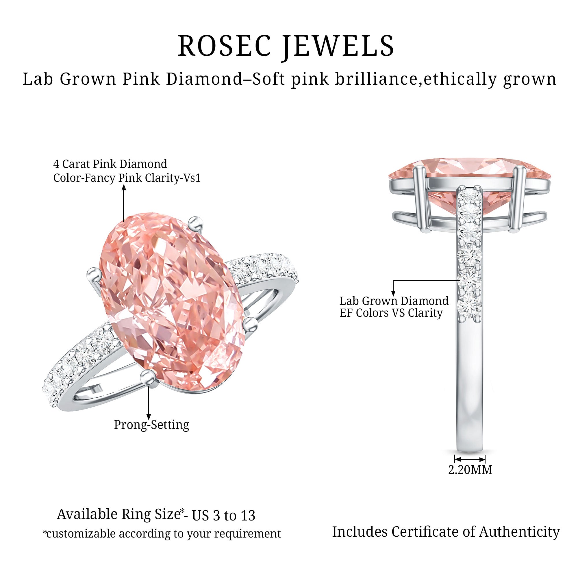 Elongated Oval Lab Grown Pink Diamond 4 Carat Engagement Ring IGI Certified Fancy Pink - VS1 - Rosec Jewels