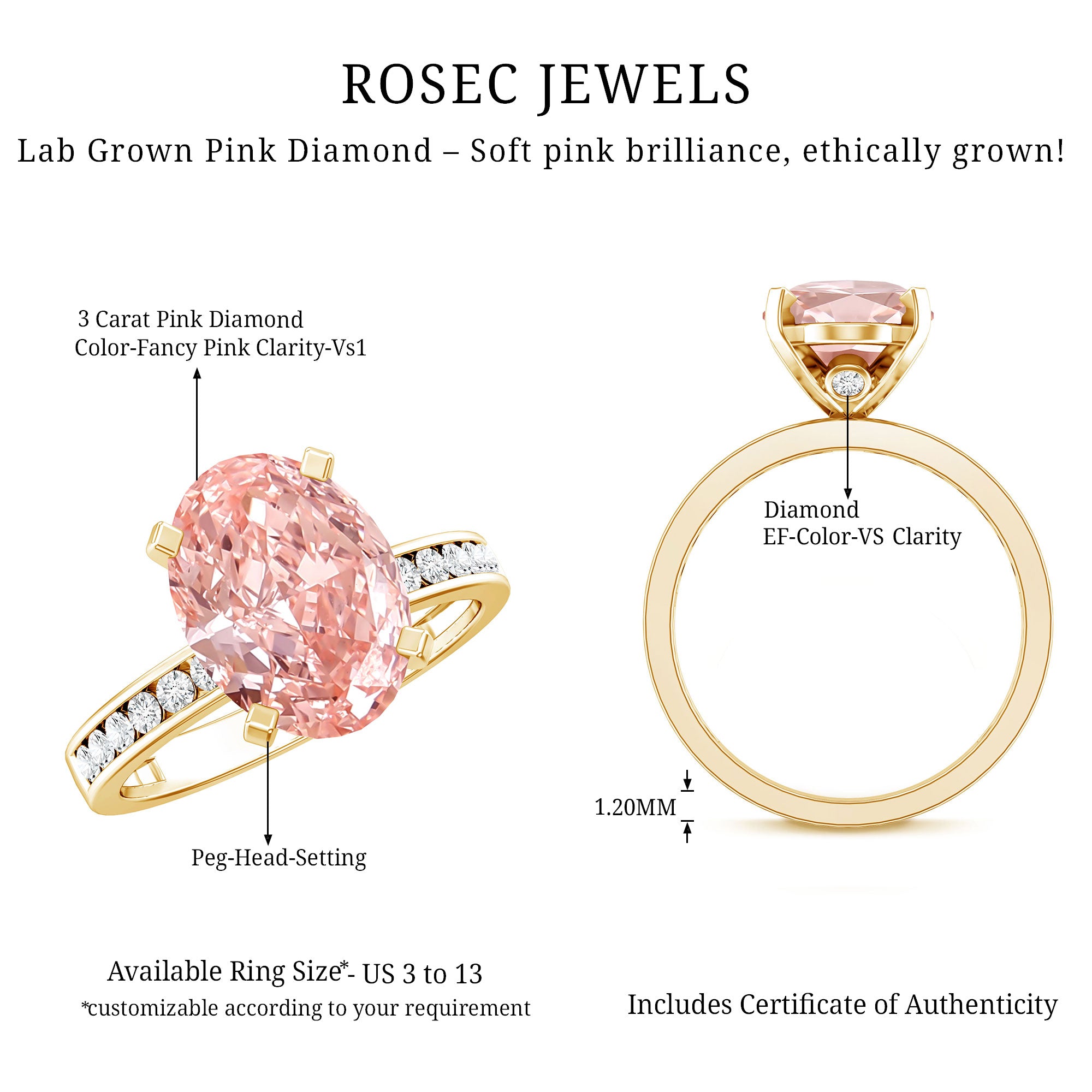 Rosec Jewels-IGI Certified 3 Carat Lab Grown Pink Diamond Oval Solitaire Engagement Ring