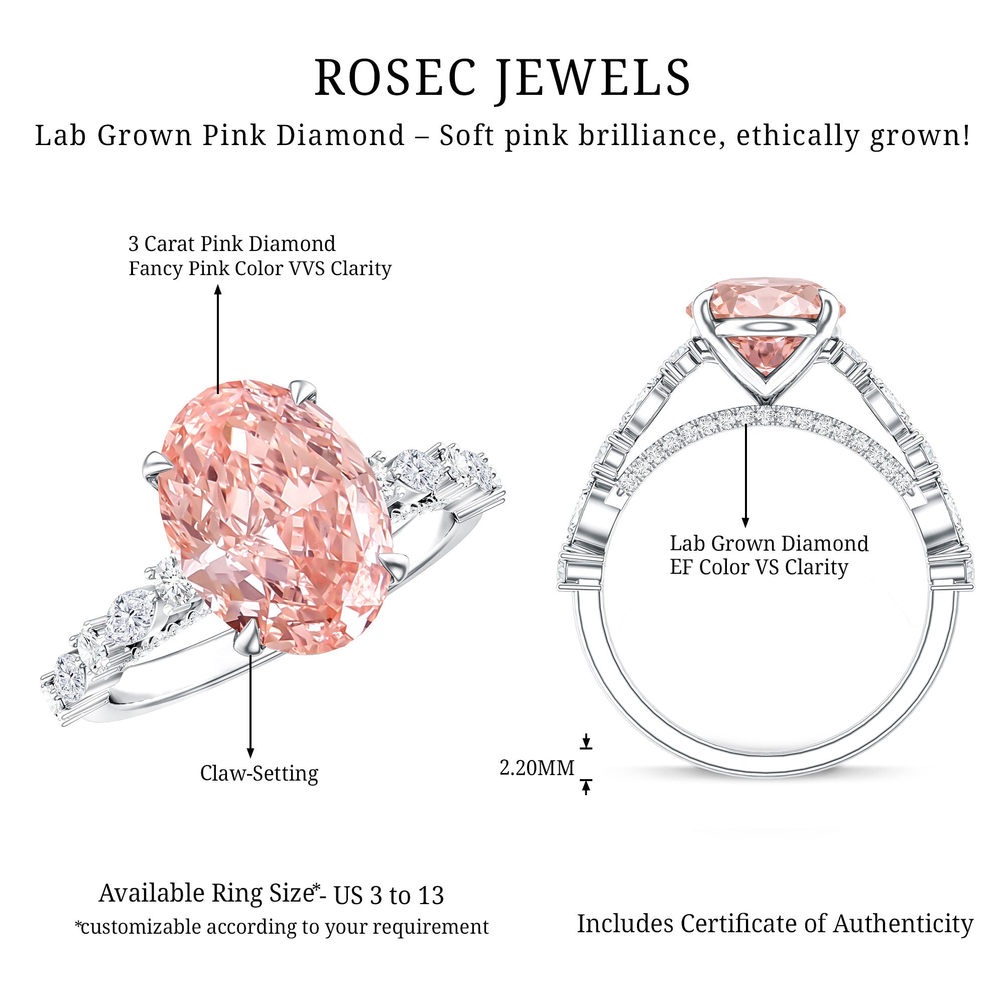 Rosec Jewels-3 Carat Oval Lab Grown Pink Diamond Designer Engagement Ring IGI Certified