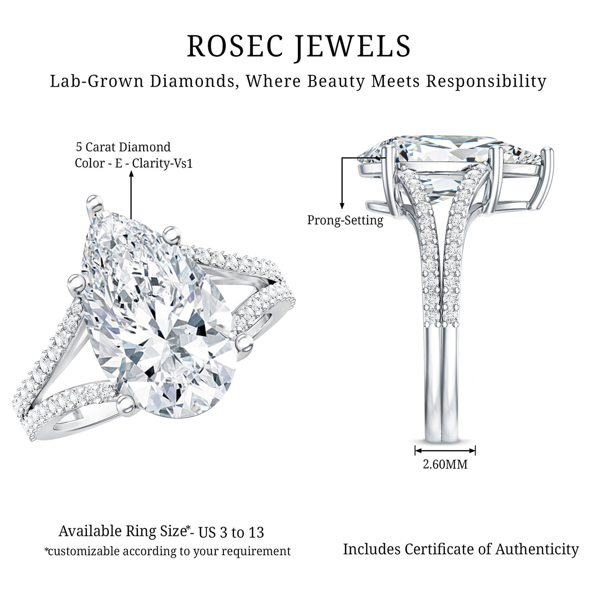 IGI Certified 5 Carat Lab Grown Diamond Statement Engagement Ring with Split Shank Lab - ( E-VS1 ) - Rosec Jewels