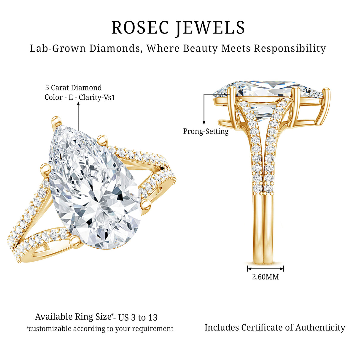 IGI Certified 5 Carat Lab Grown Diamond Statement Engagement Ring with Split Shank Lab - ( E-VS1 ) - Rosec Jewels