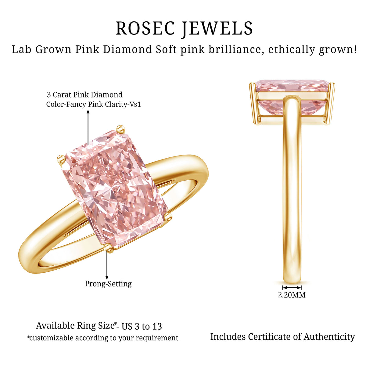 Solitaire 3 Carat Lab Grown Pink Diamond Radiant Cut Engagement Ring IGI Certified Fancy Pink - VS1 - Rosec Jewels