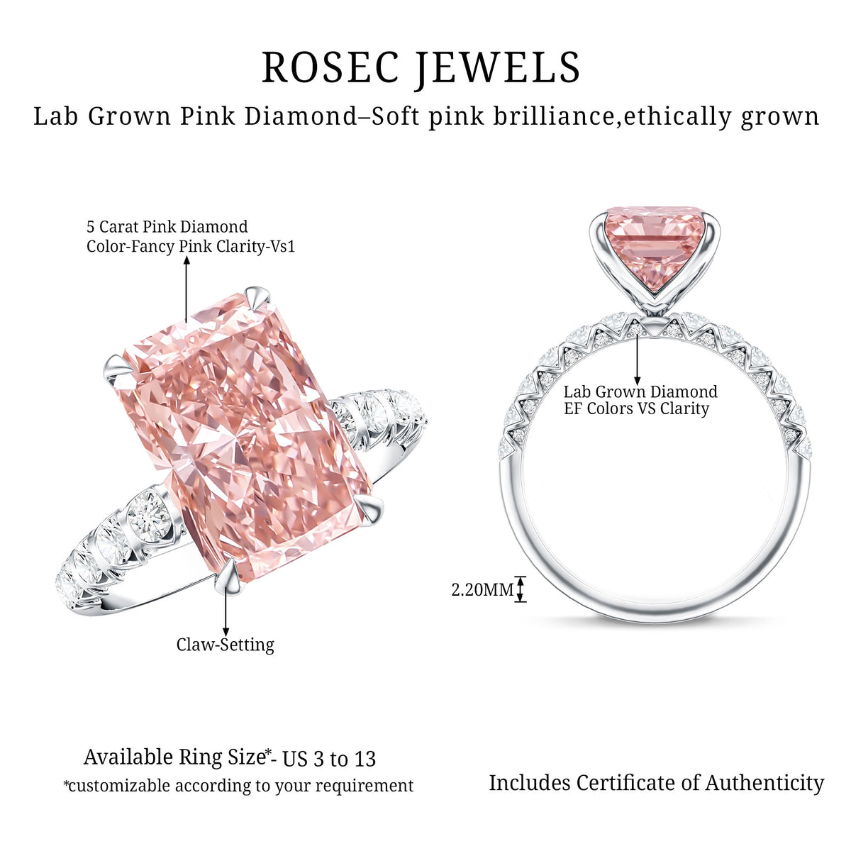 5 Carat Radiant Lab Grown Pink Diamond Huge Statement Ring with IGI Certificate Fancy Pink - VS1 - Rosec Jewels