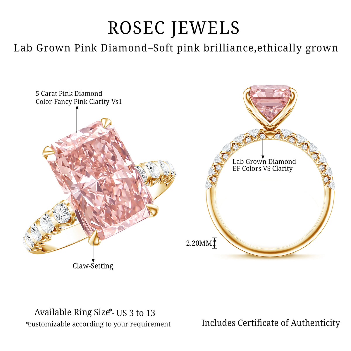 5 Carat Radiant Lab Grown Pink Diamond Huge Statement Ring with IGI Certificate Fancy Pink - VS1 - Rosec Jewels