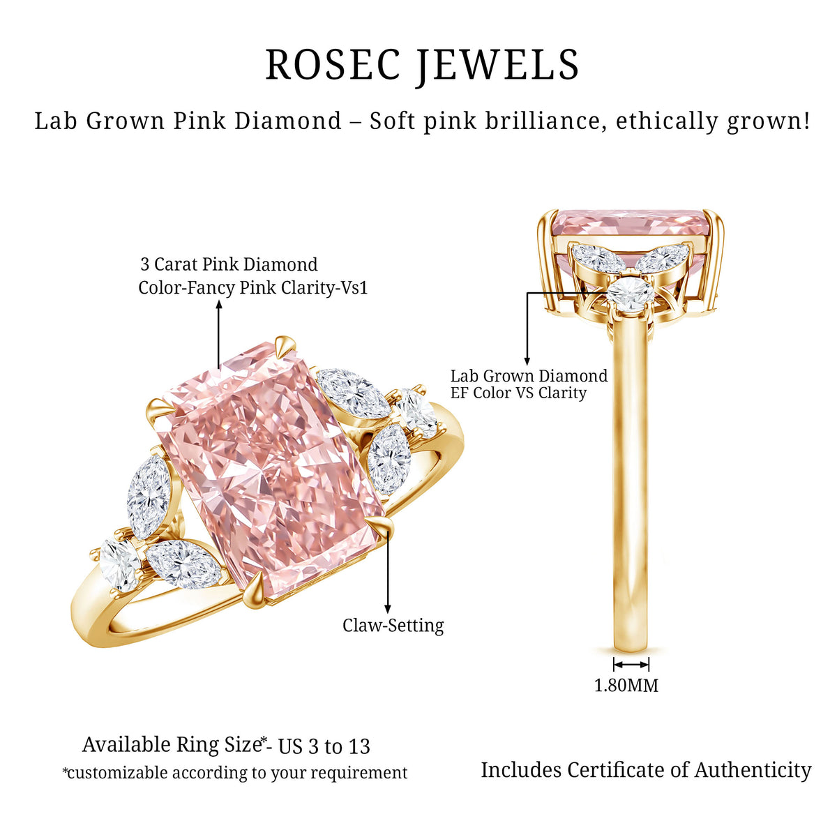 3 Carat Radiant Cut Lab Pink Diamond Engagement Ring IGI Certified Fancy Pink - VS1 - Rosec Jewels