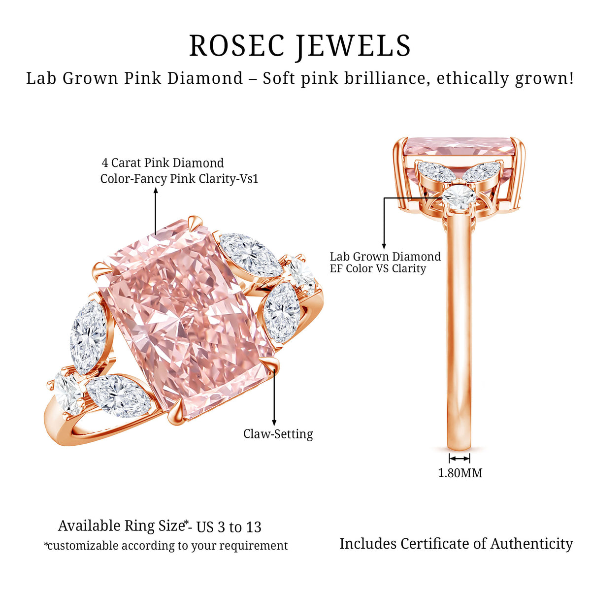 Lab Grown 4 Carat Radiant Cut Pink Diamond Statement Engagement Ring IGI Certified Fancy Pink - VS1 - Rosec Jewels