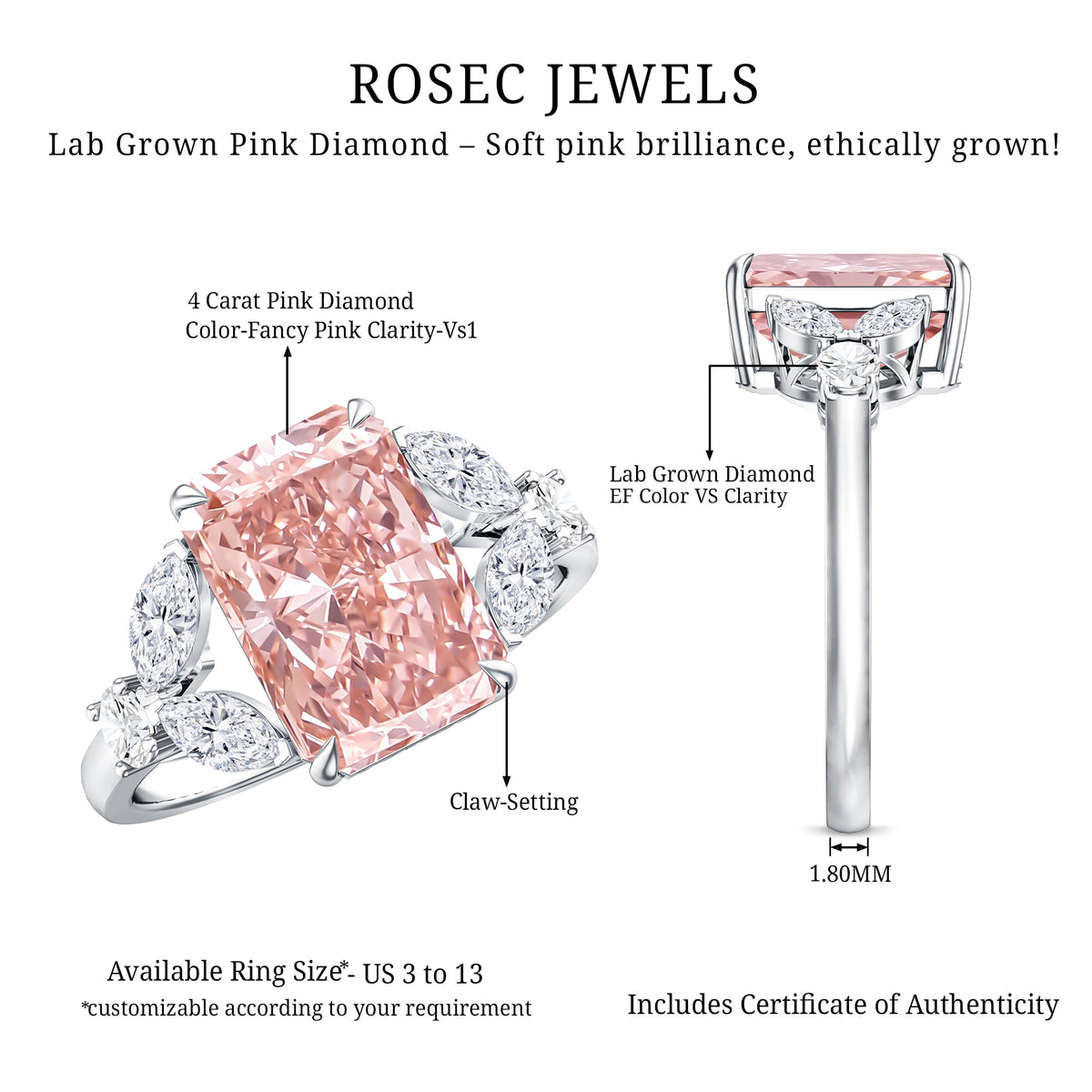 Lab Grown 4 Carat Radiant Cut Pink Diamond Statement Engagement Ring IGI Certified Fancy Pink - VS1 - Rosec Jewels