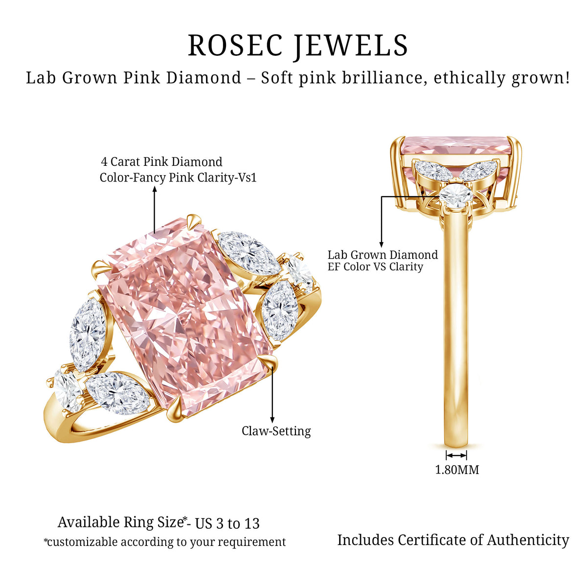 Lab Grown 4 Carat Radiant Cut Pink Diamond Statement Engagement Ring IGI Certified Fancy Pink - VS1 - Rosec Jewels