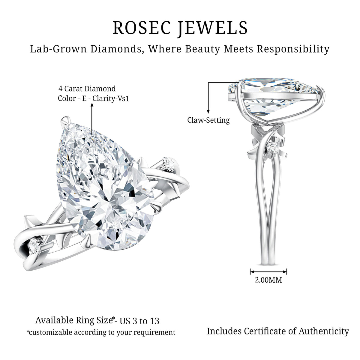 Pear Shaped 4 Carat Lab Grown Diamond Designer Engagement Ring with IGI Certificate Lab - ( E-VS1 ) - Rosec Jewels