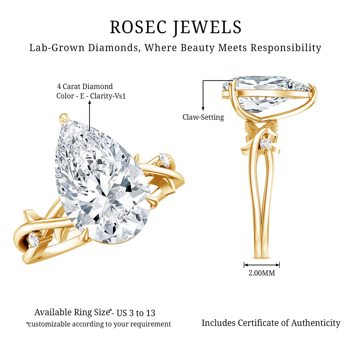 Pear Shaped 4 Carat Lab Grown Diamond Designer Engagement Ring with IGI Certificate Lab - ( E-VS1 ) - Rosec Jewels