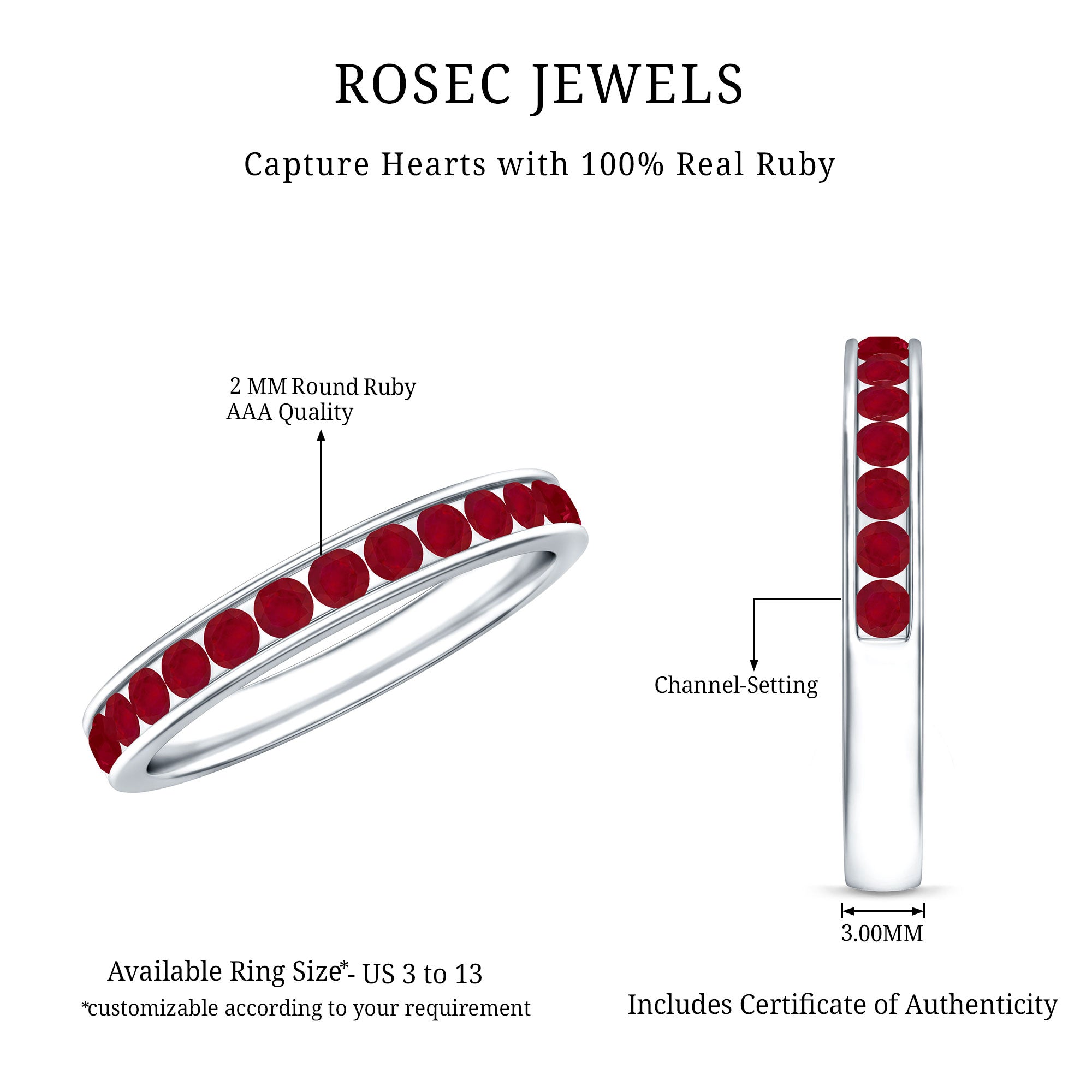 Natural Ruby Half Eternity Anniversary Ring in Channel Set AAA - Rosec Jewels