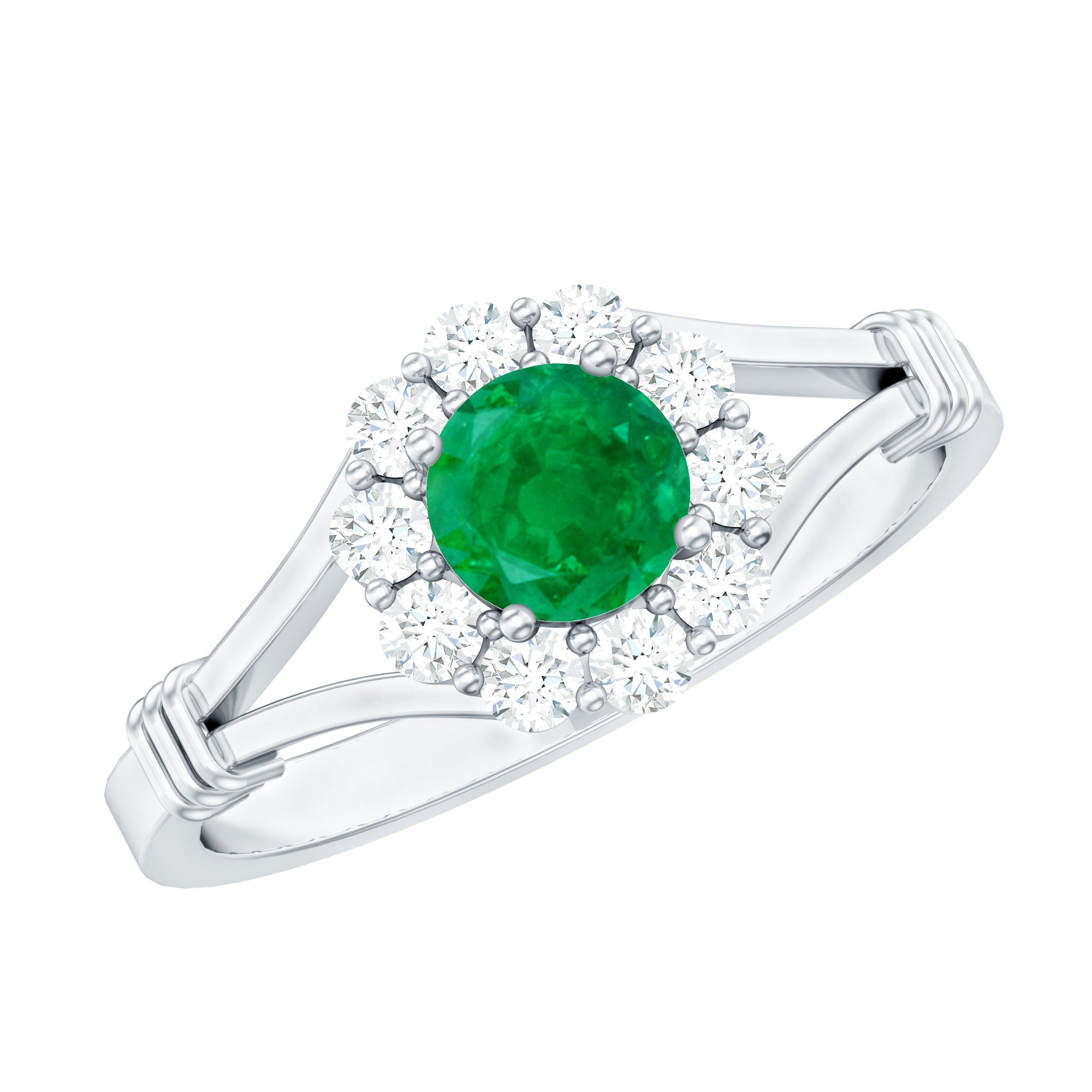 Emerald Nature Inspired Engagement Ring with Diamond Halo