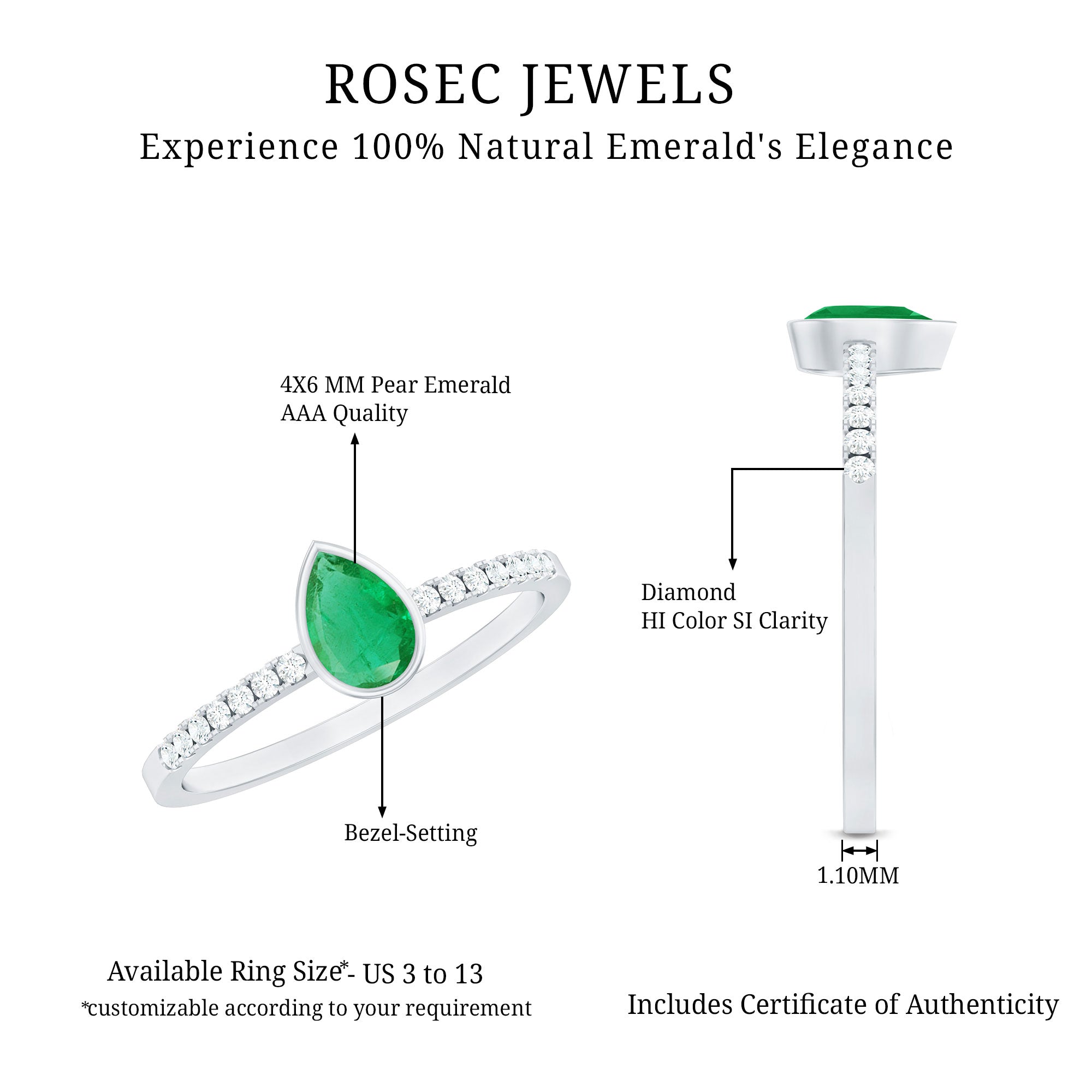 Pear Shaped Emerald Engagement Ring with Diamond Side Stones AAA - Rosec Jewels