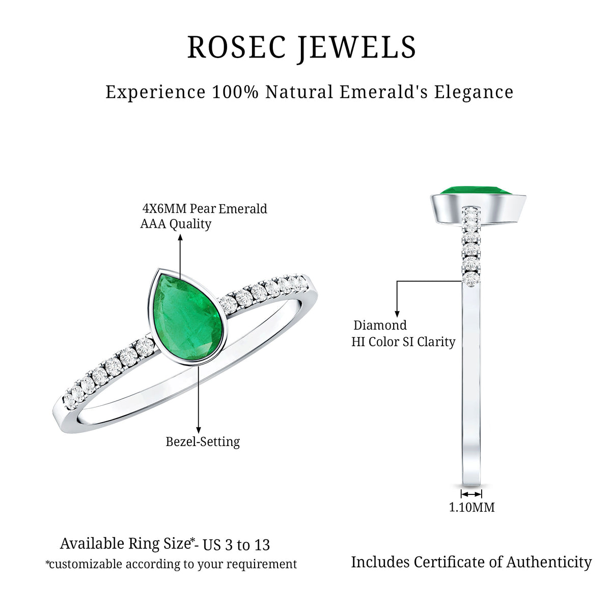 Pear Shaped Emerald Engagement Ring with Diamond Side Stones AAA - Rosec Jewels