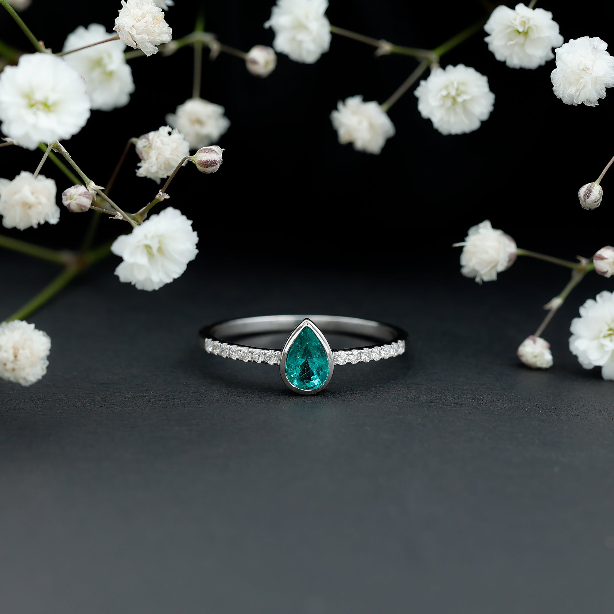 Pear Shaped Emerald Engagement Ring with Diamond Side Stones AAA - Rosec Jewels