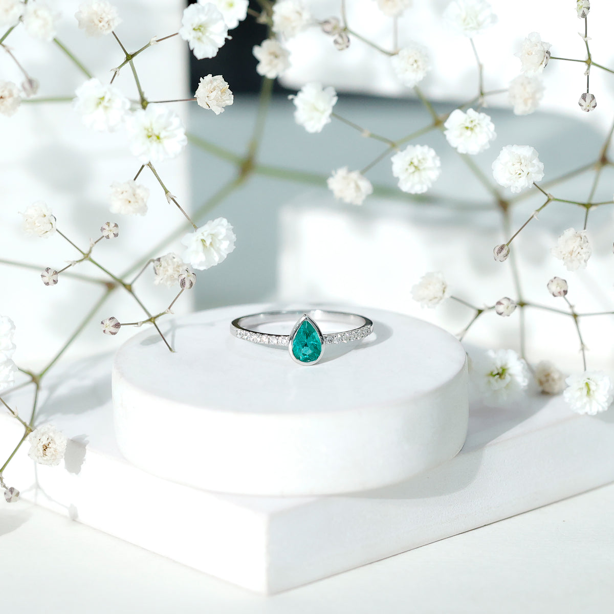 Pear Shaped Emerald Engagement Ring with Diamond Side Stones AAA - Rosec Jewels