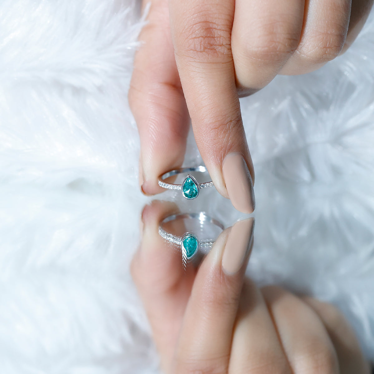 Pear Shaped Emerald Engagement Ring with Diamond Side Stones AAA - Rosec Jewels