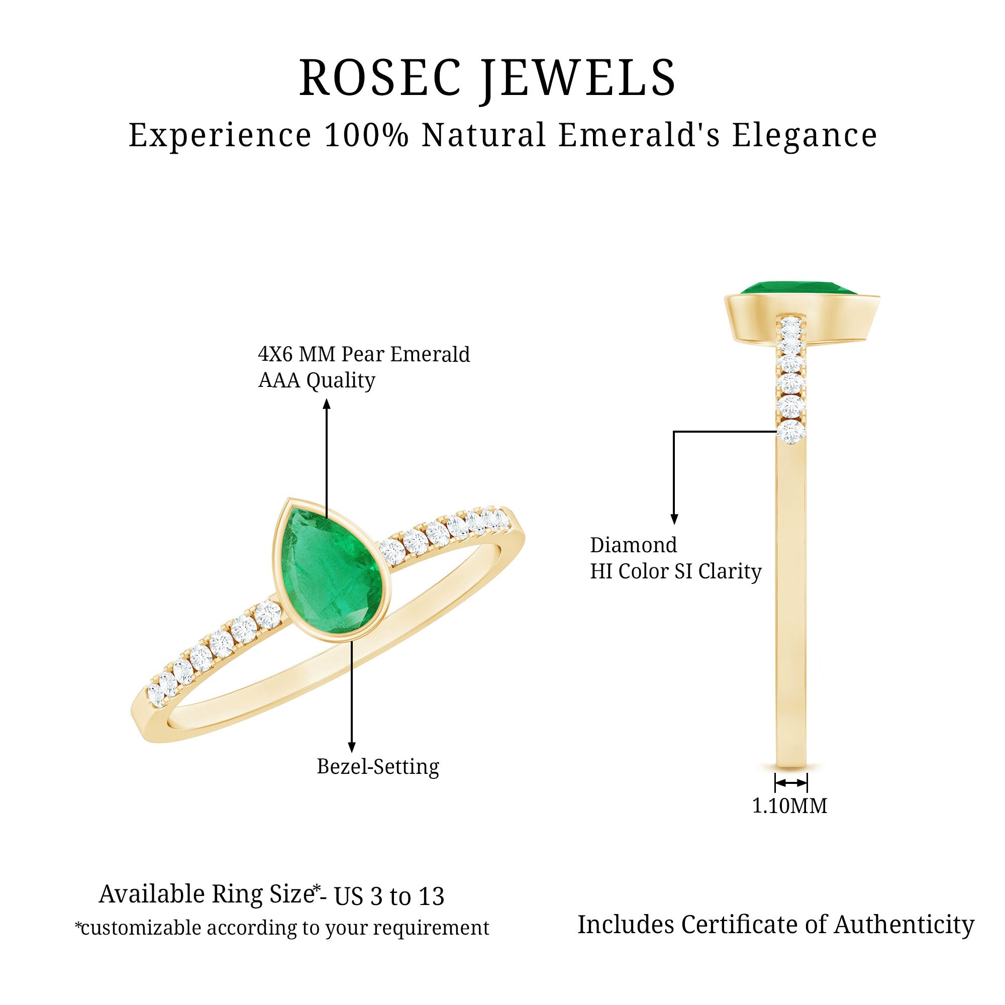 Pear Shaped Emerald Engagement Ring with Diamond Side Stones AAA - Rosec Jewels