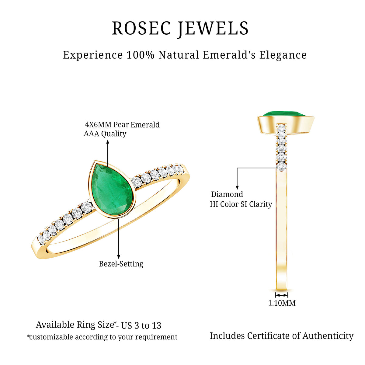 Pear Shaped Emerald Engagement Ring with Diamond Side Stones AAA - Rosec Jewels