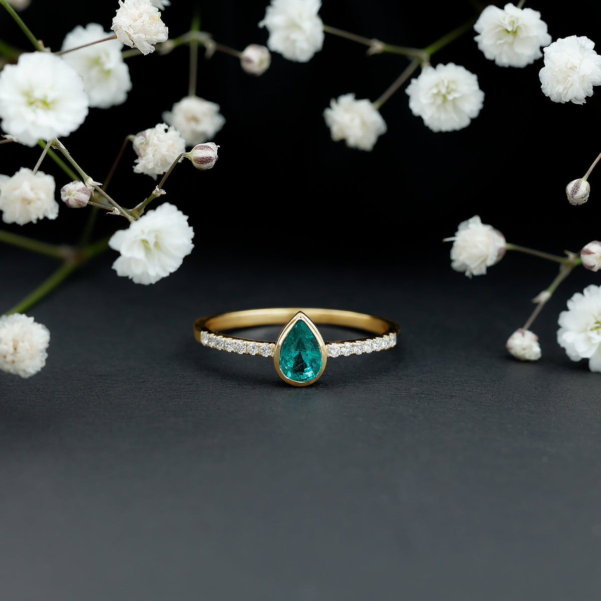 Pear Shaped Emerald Engagement Ring with Diamond Side Stones AAA - Rosec Jewels