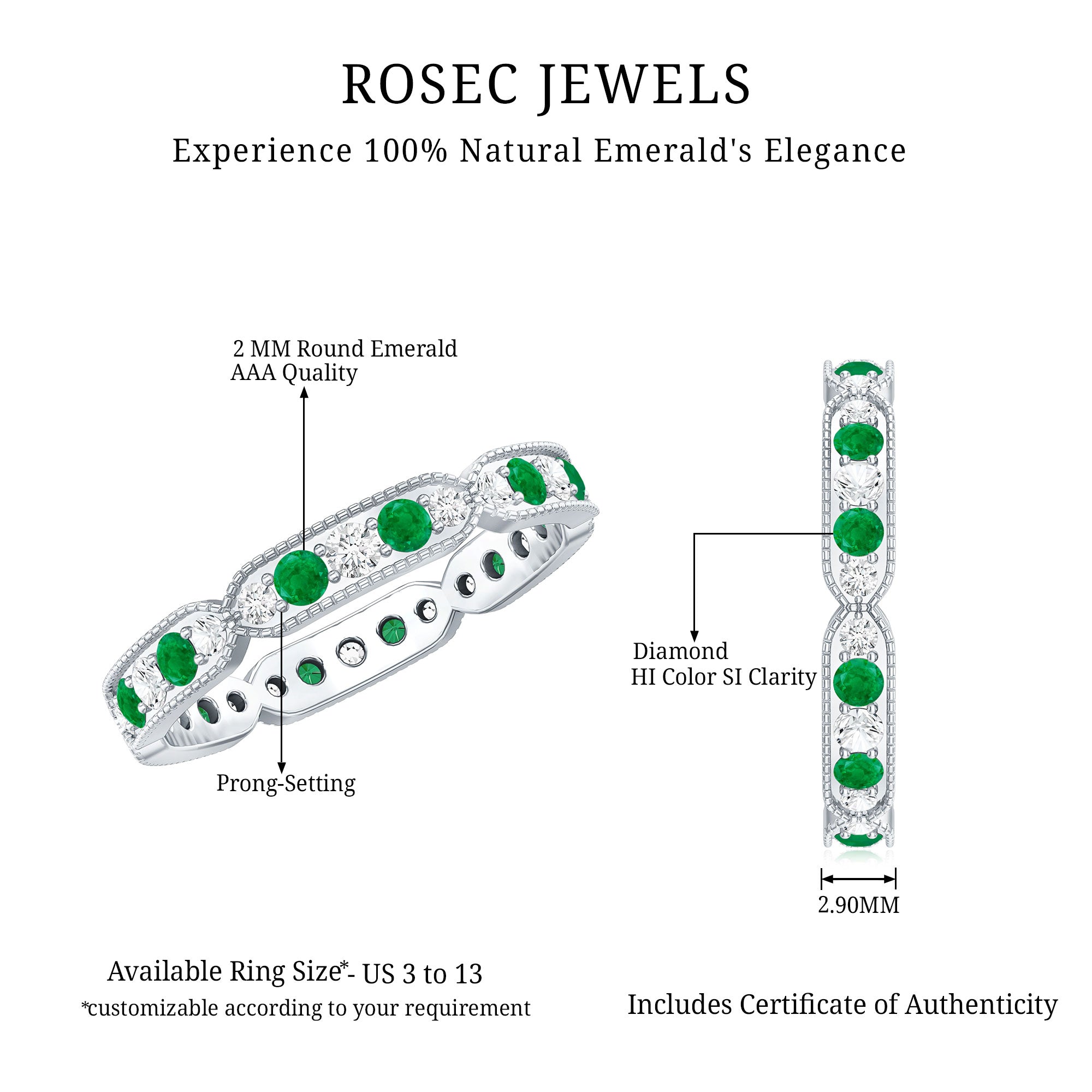 Emerald and Diamond Alternating Eternity Ring AAA - Rosec Jewels