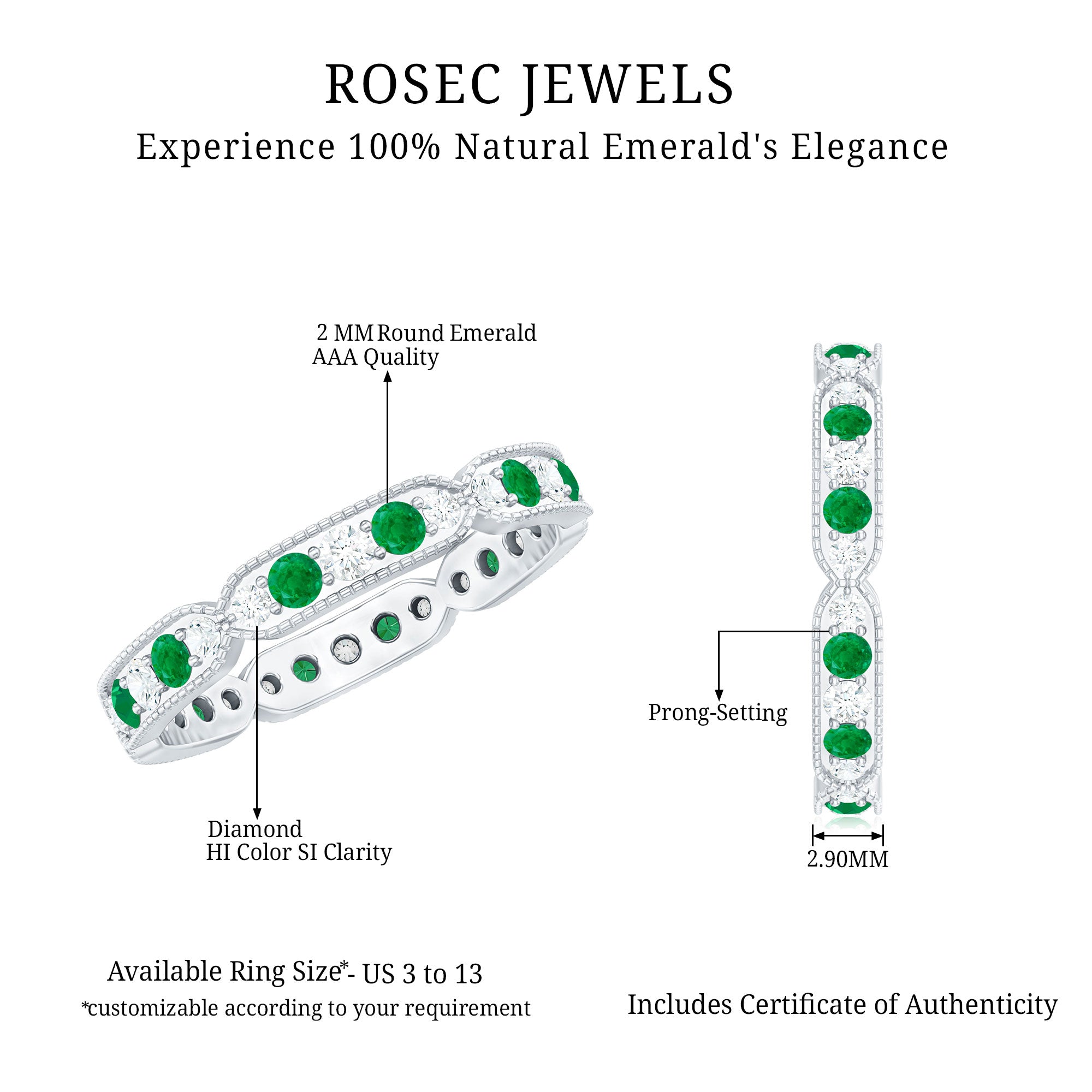 Emerald and Diamond Alternating Eternity Ring AAA - Rosec Jewels