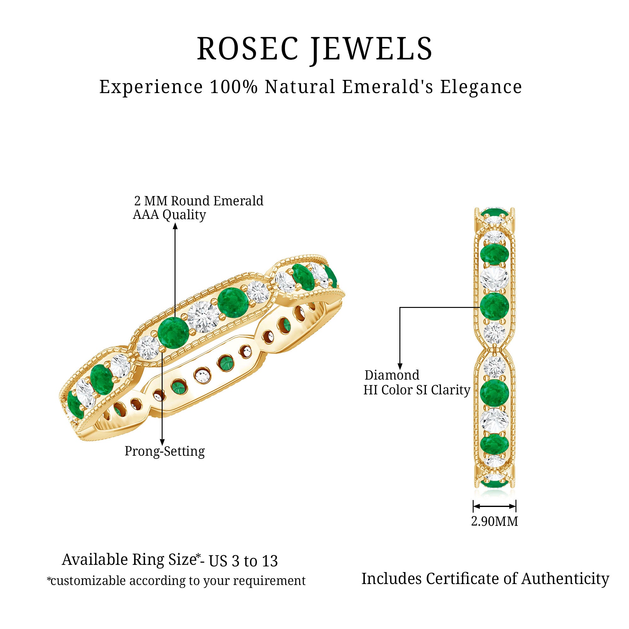 Emerald and Diamond Alternating Eternity Ring AAA - Rosec Jewels