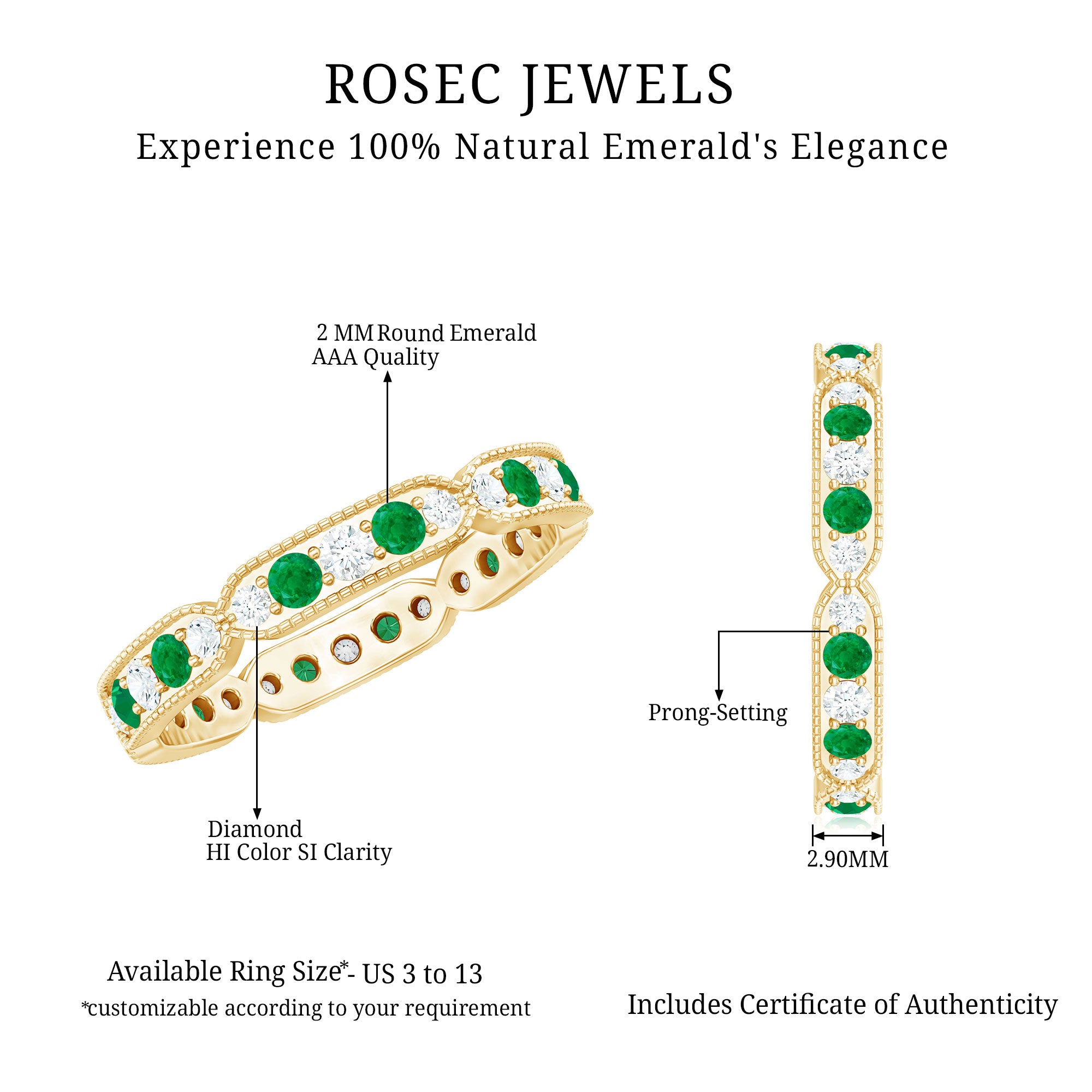 Emerald and Diamond Alternating Eternity Ring AAA - Rosec Jewels