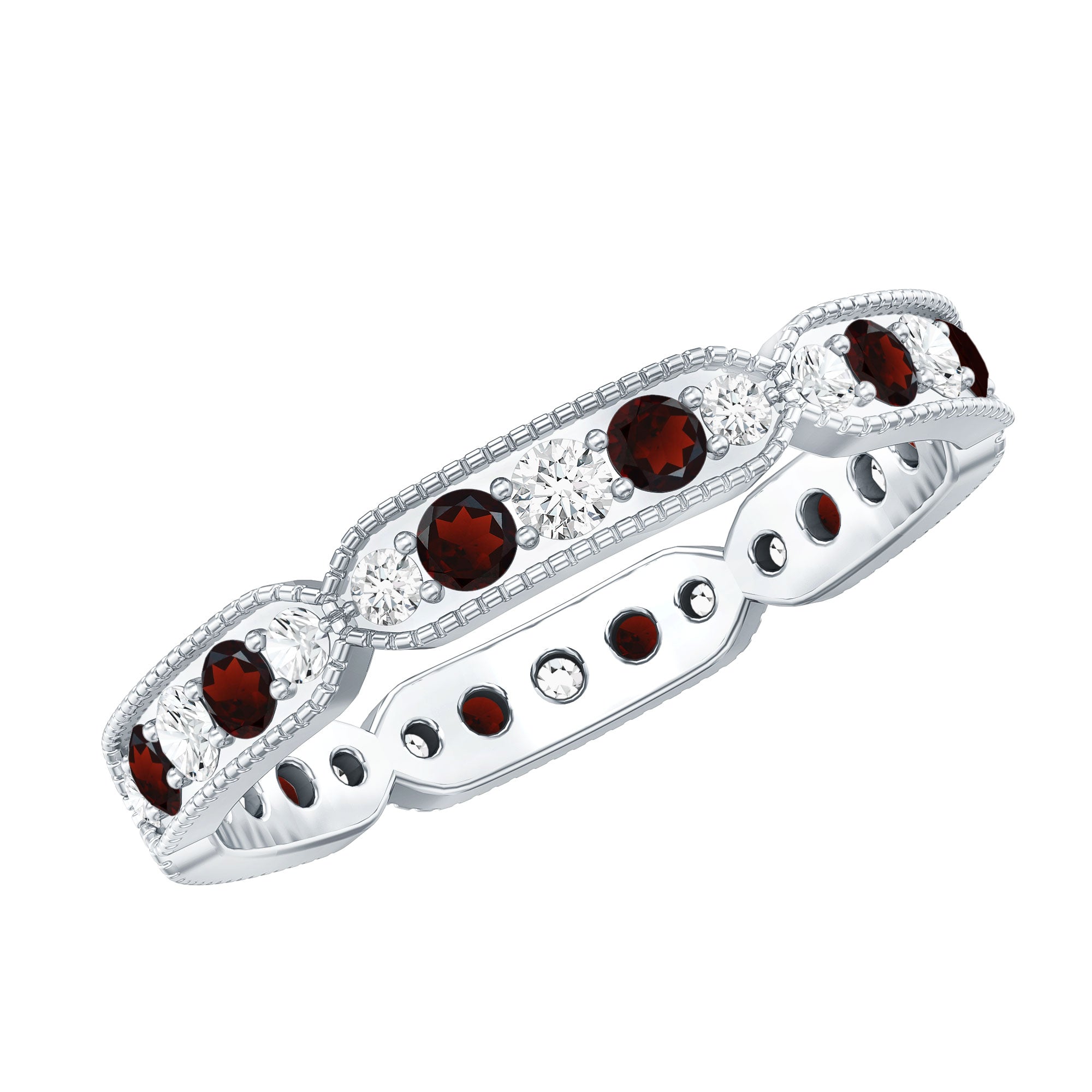 Vintage Inspired Garnet Eternity Ring with Diamond AAA - Rosec Jewels