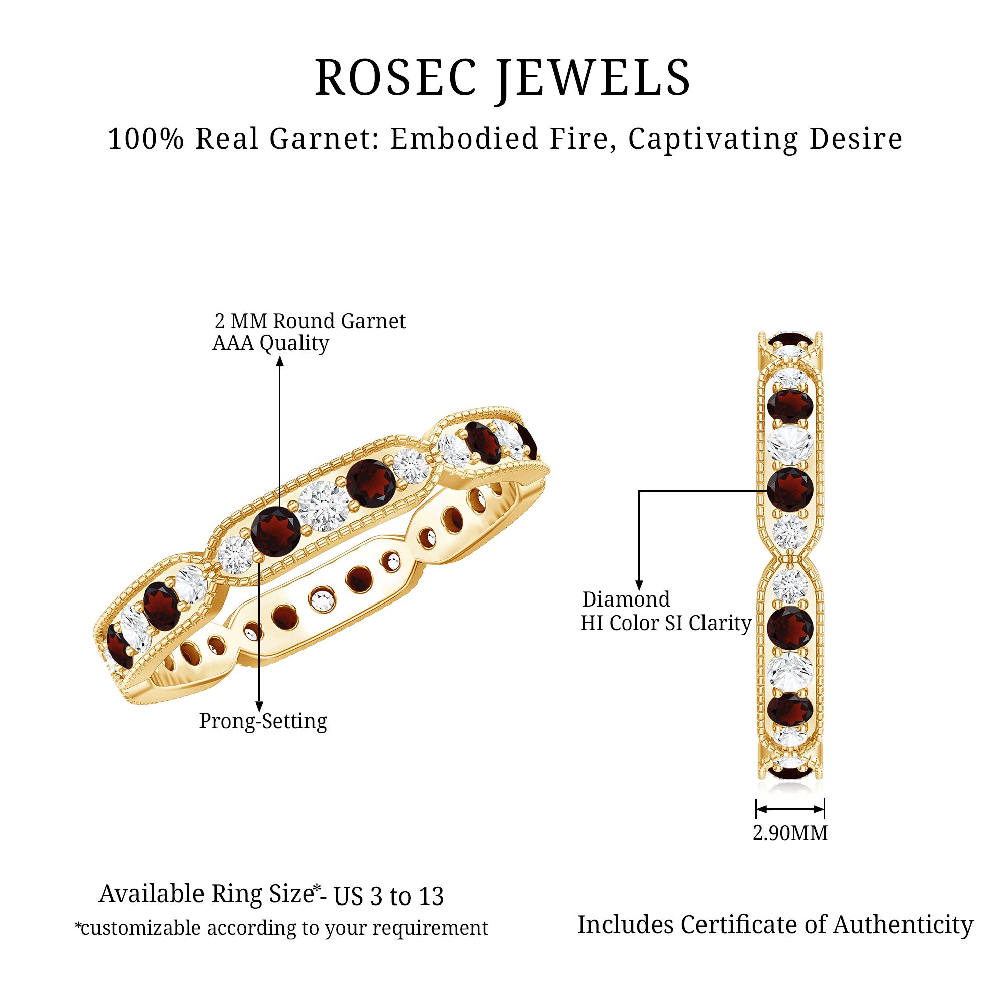 Vintage Inspired Garnet Eternity Ring with Diamond AAA - Rosec Jewels
