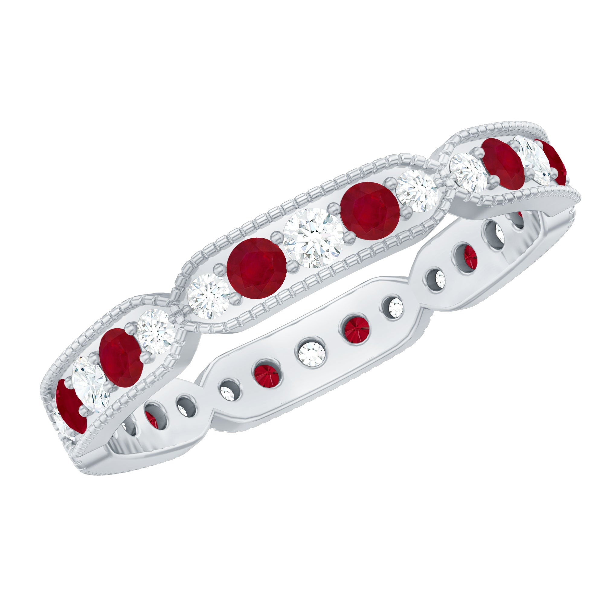 Ruby and Diamond Band Ring with Milgrain Details