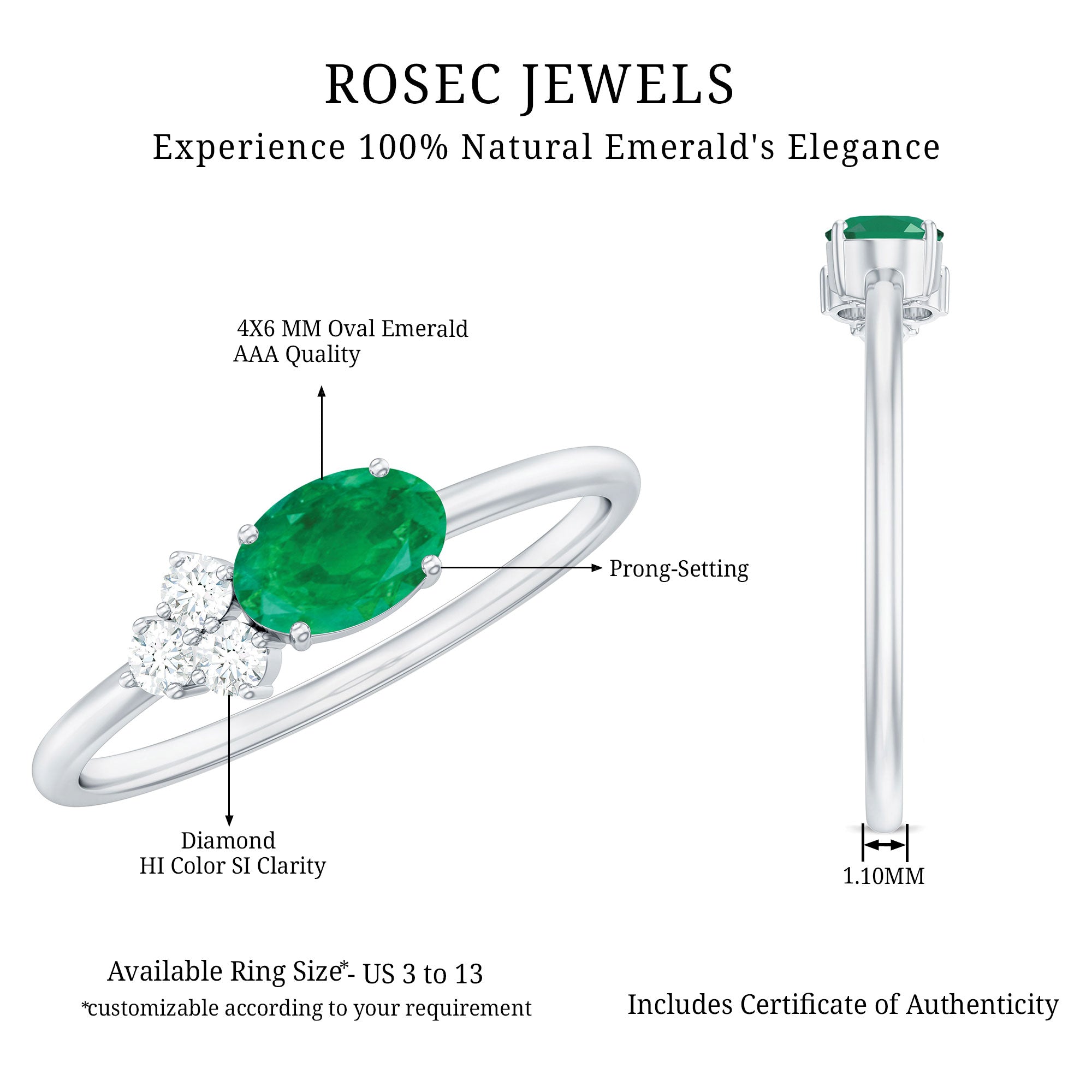 AAA Quality Oval Cut Emerald East West Promise Ring with Diamond Trio AAA - Rosec Jewels