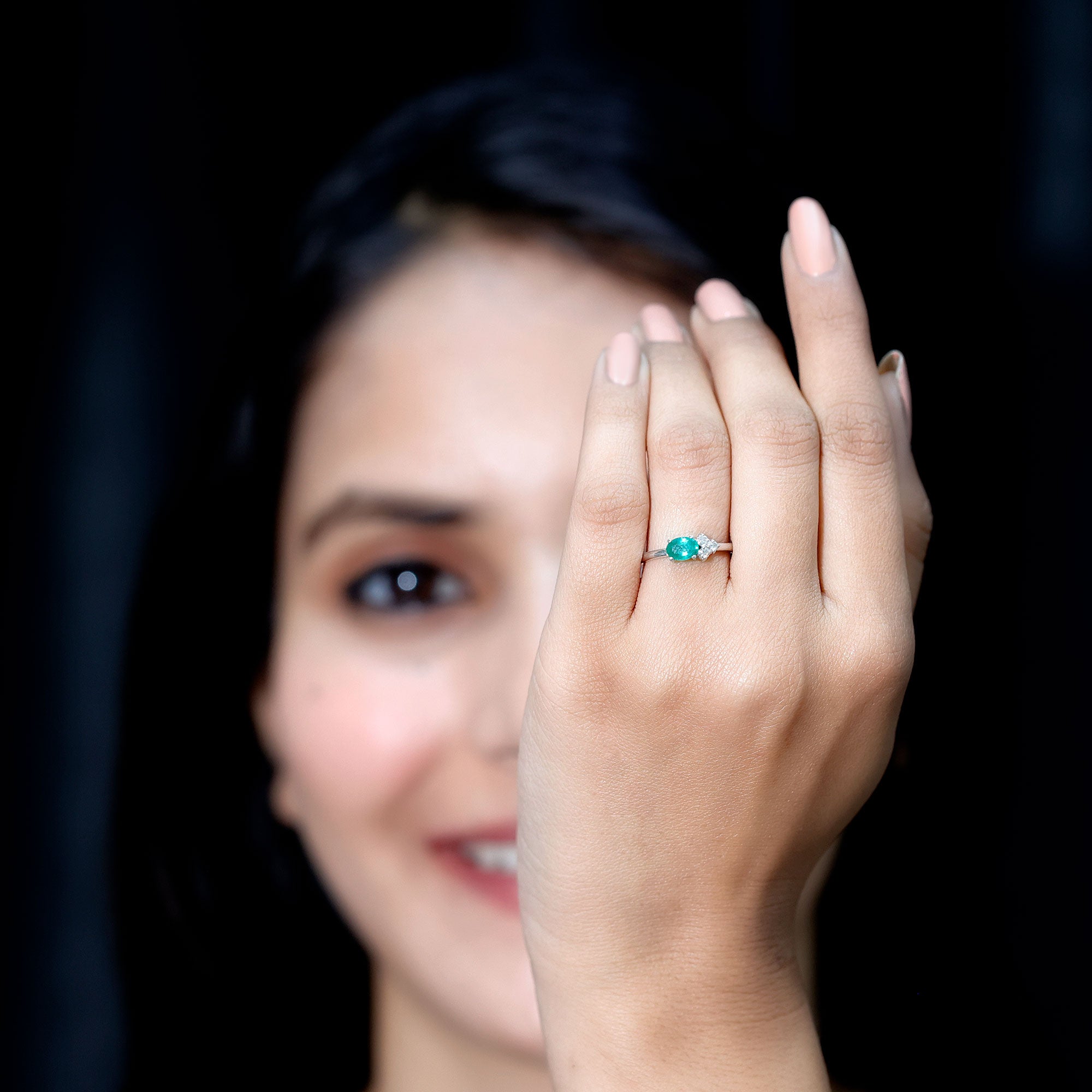 AAA Quality Oval Cut Emerald East West Promise Ring with Diamond Trio AAA - Rosec Jewels
