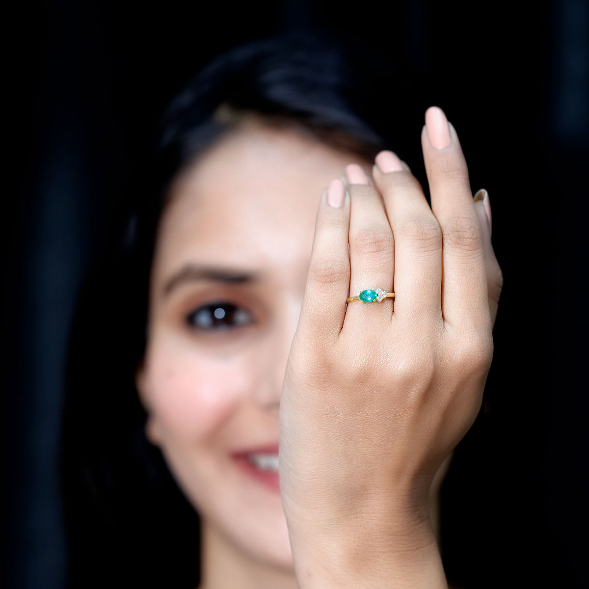 AAA Quality Oval Cut Emerald East West Promise Ring with Diamond Trio AAA - Rosec Jewels