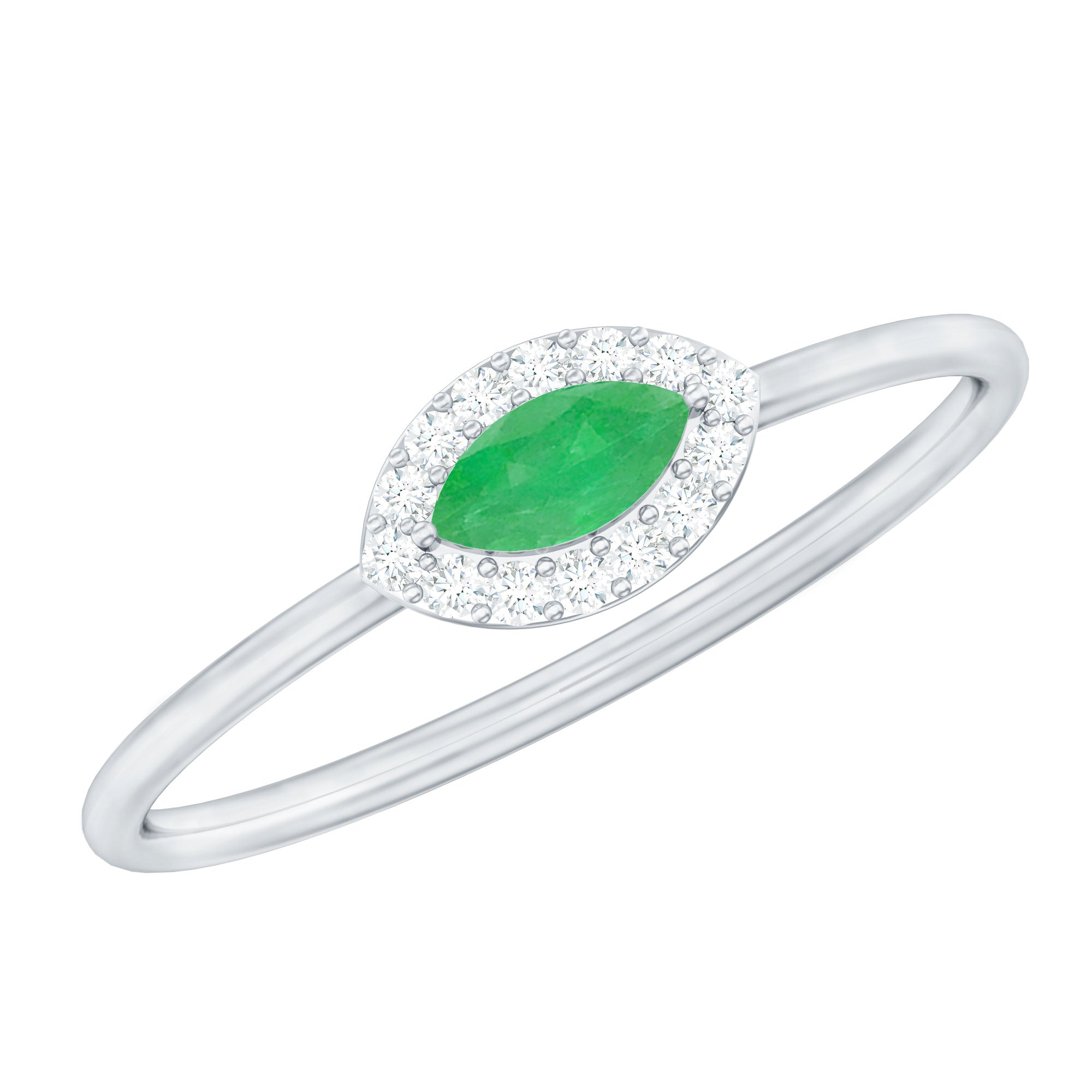 Rosec Jewels-Marquise Emerald East West Promise Ring with Diamond Halo