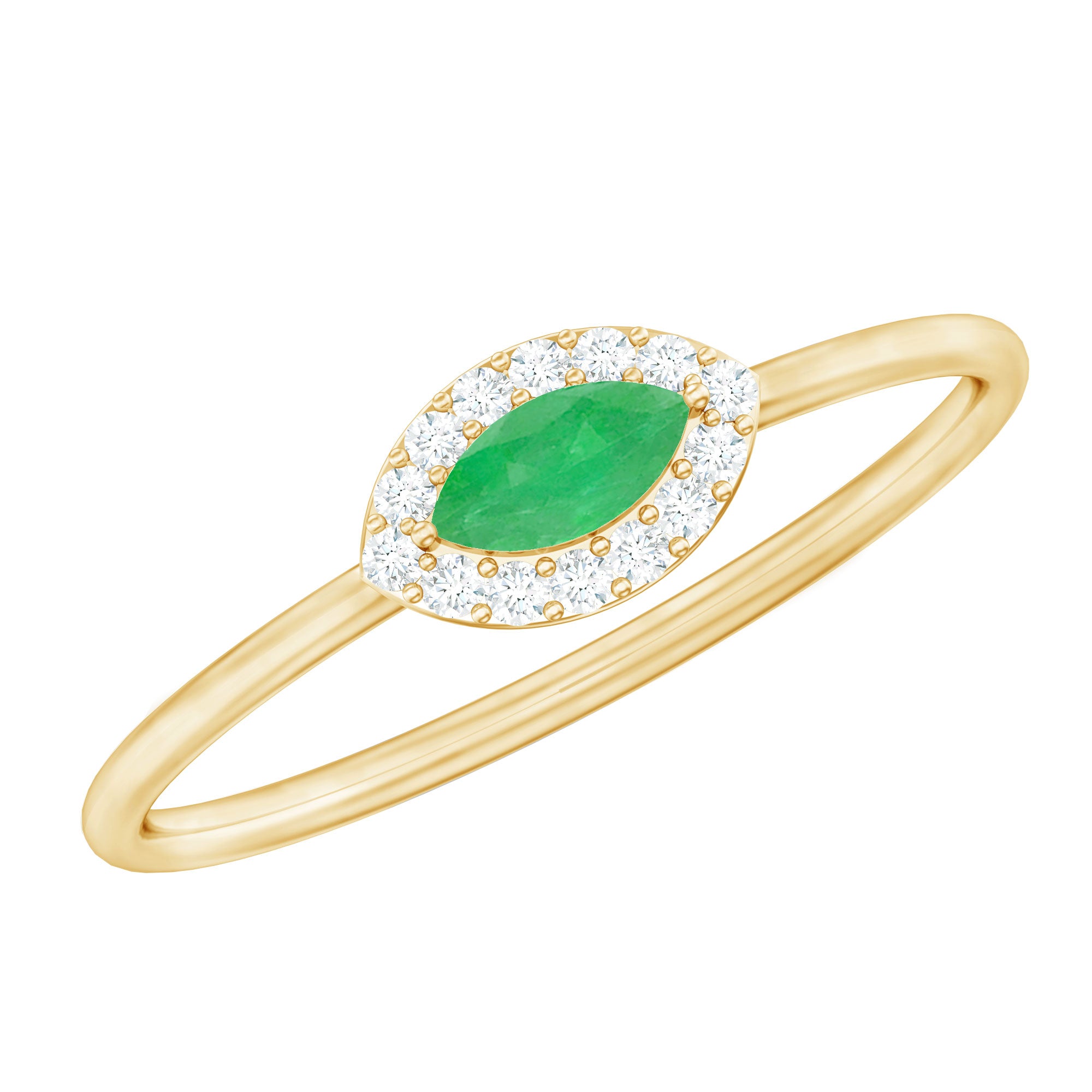 Rosec Jewels-Marquise Emerald East West Promise Ring with Diamond Halo