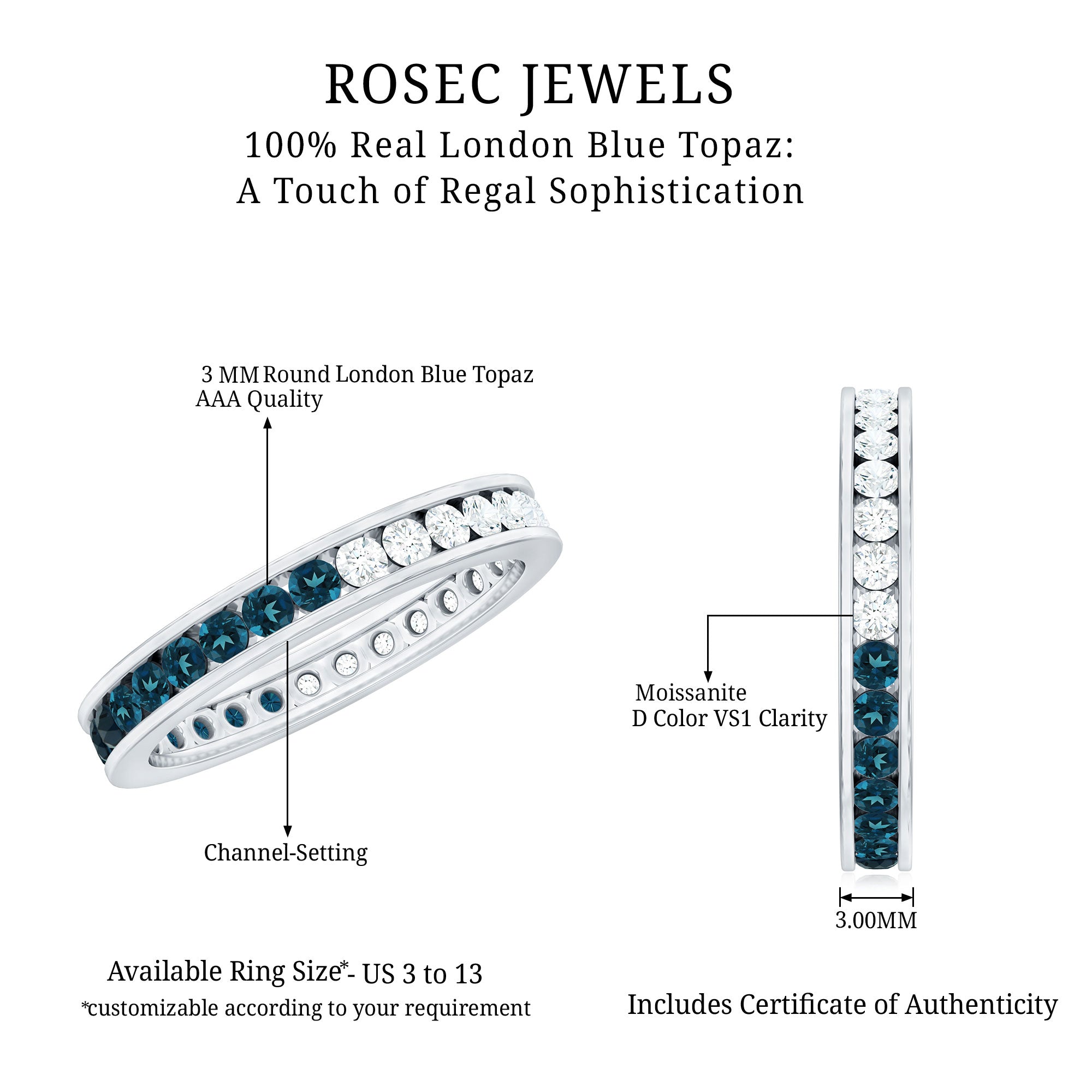 London Blue Topaz and Moissanite Eternity Ring With Certificate AAA - Rosec Jewels